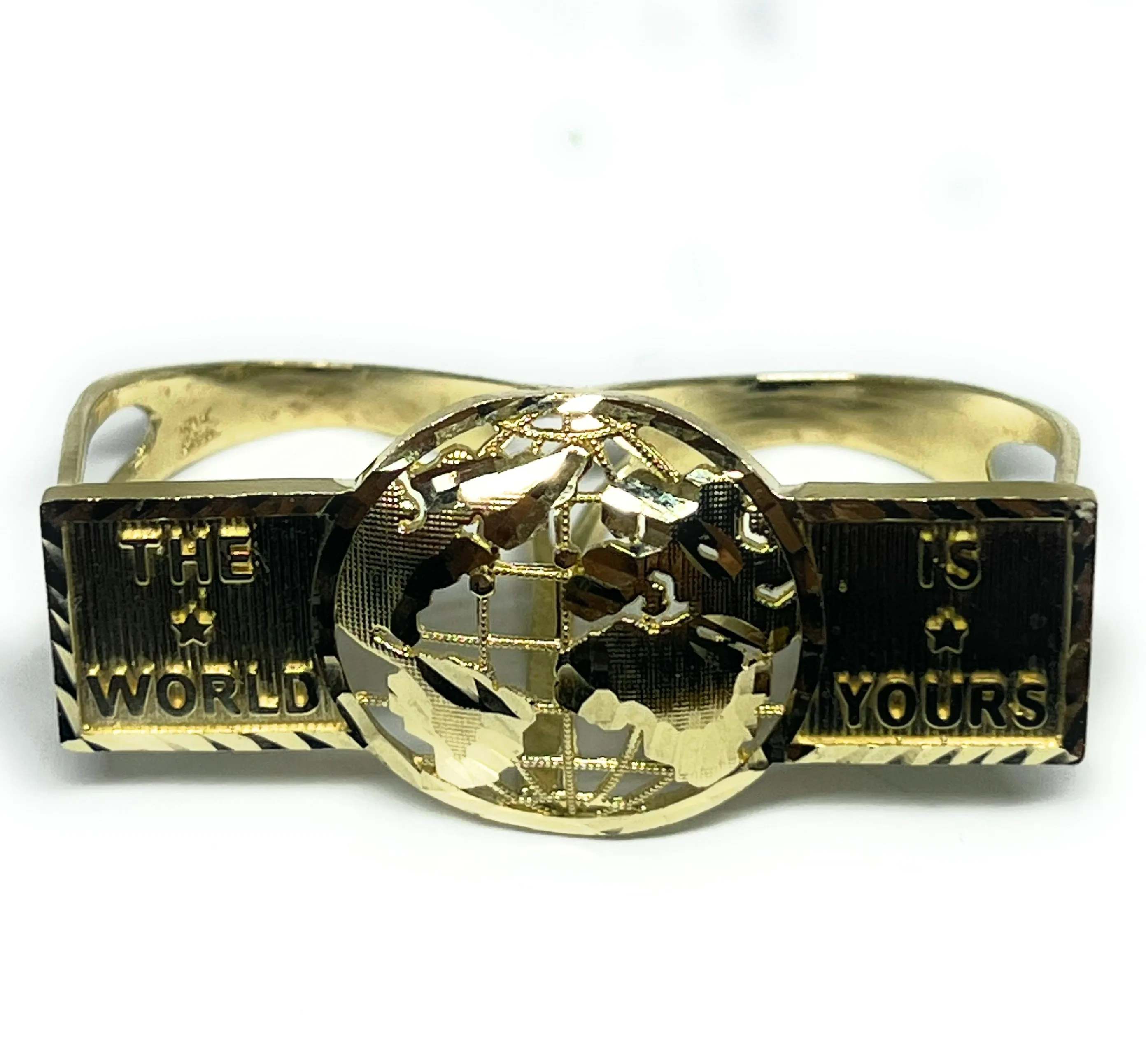 10k Solid Gold Yellow TWO FINGER THE WORLD IS YOURS GLOBE WORLD Ring (8.2g)