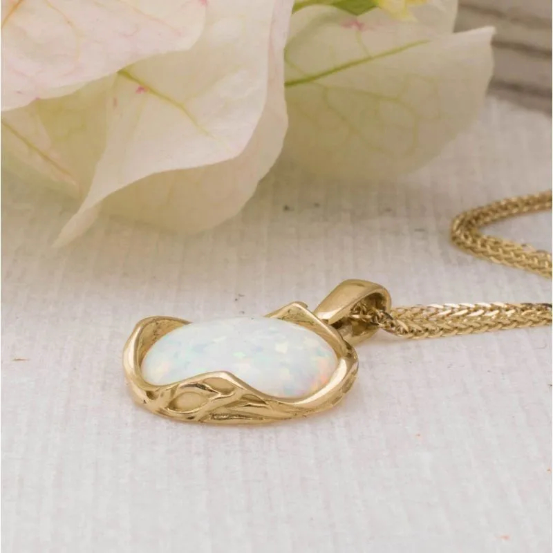 14K Yellow Gold Round White Opal 12mm Pendant