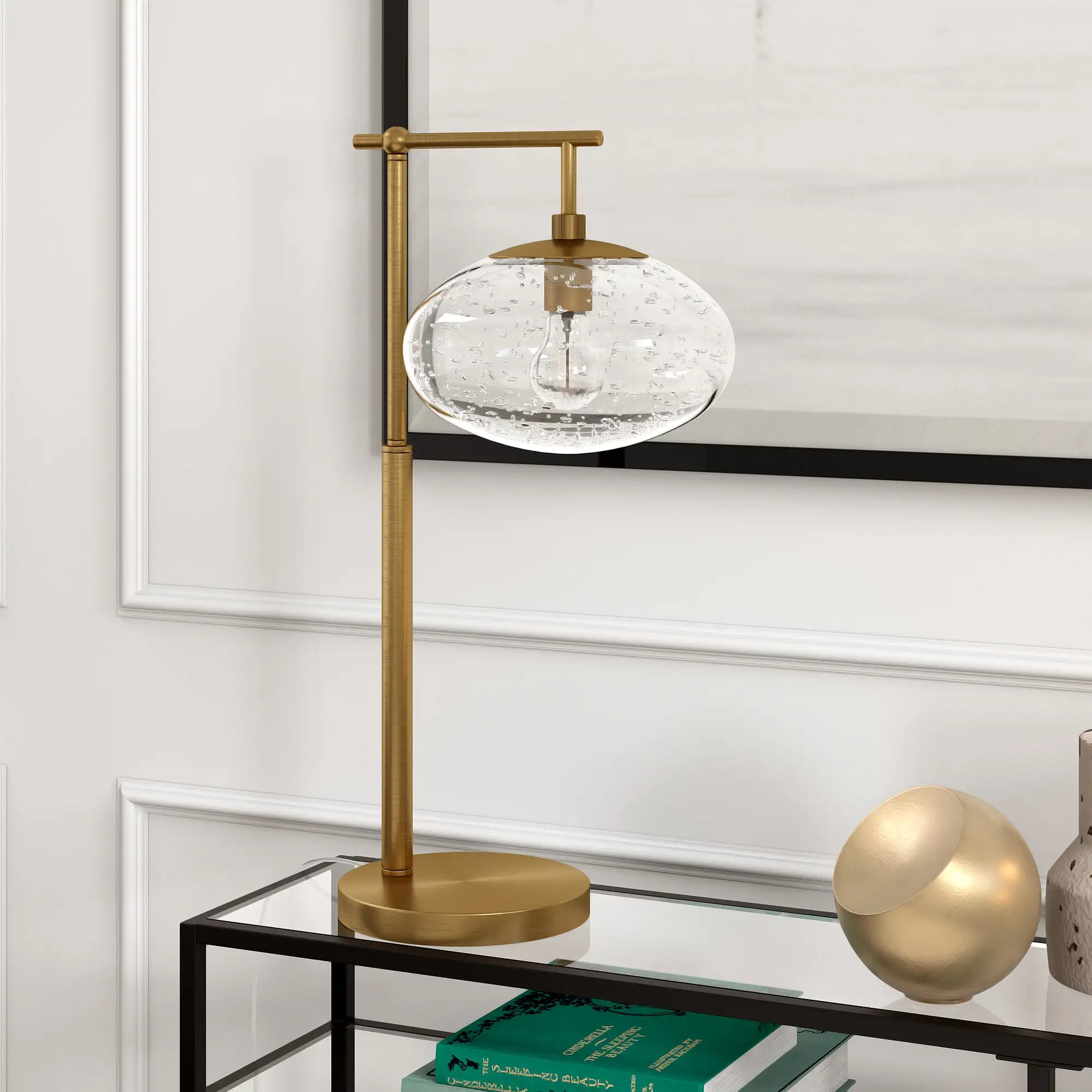 25 Brass Metal Arched Table Lamp With Clear Seeded Globe Shade