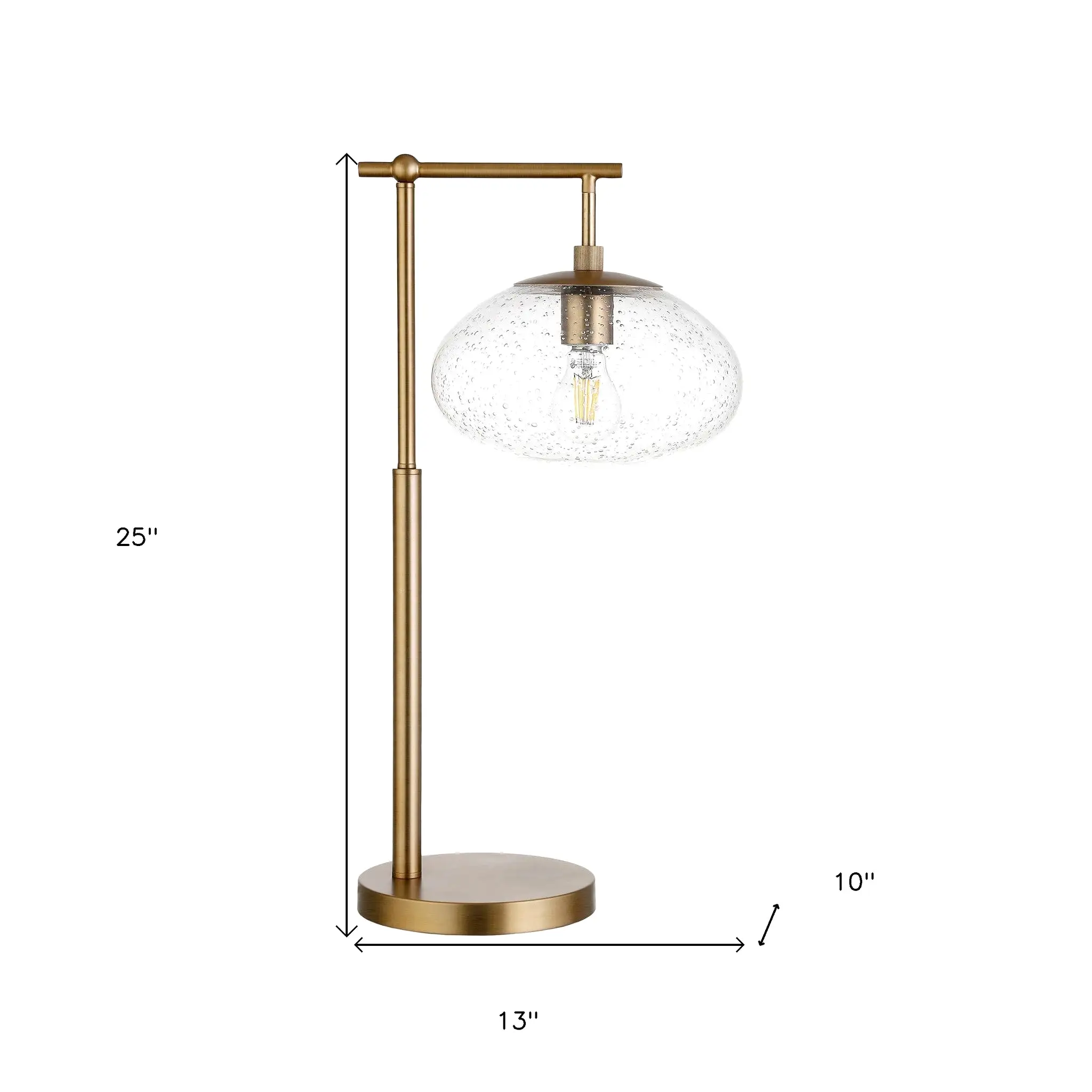 25 Brass Metal Arched Table Lamp With Clear Seeded Globe Shade