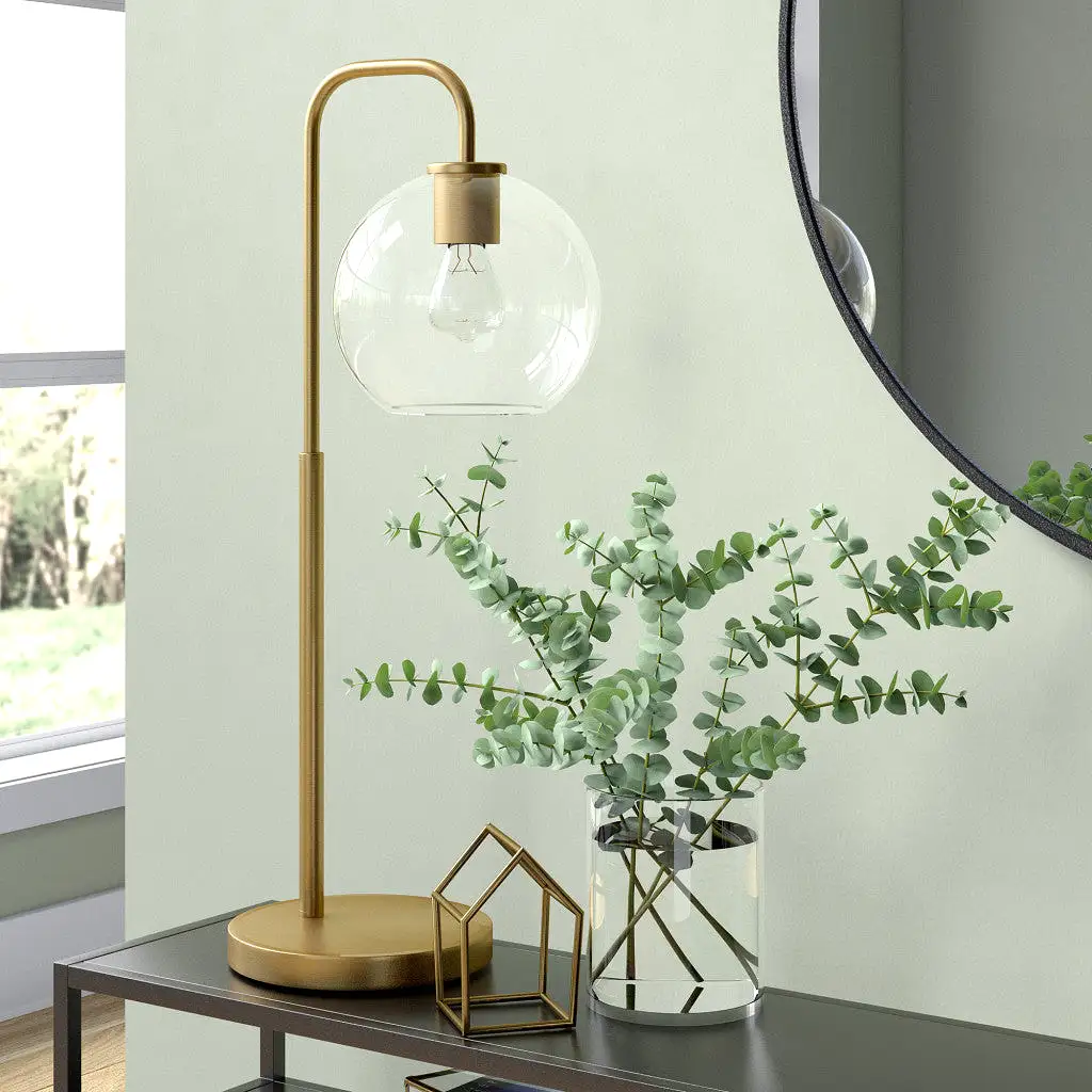 27 Brass Metal Arched Table Lamp With Clear Globe Shade