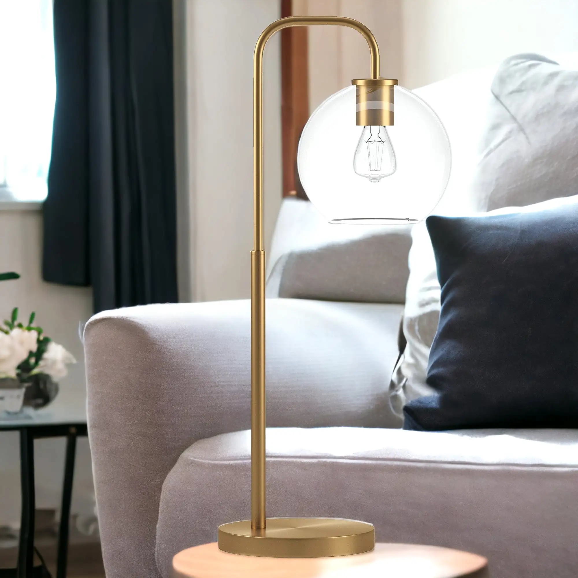 27 Brass Metal Arched Table Lamp With Clear Globe Shade