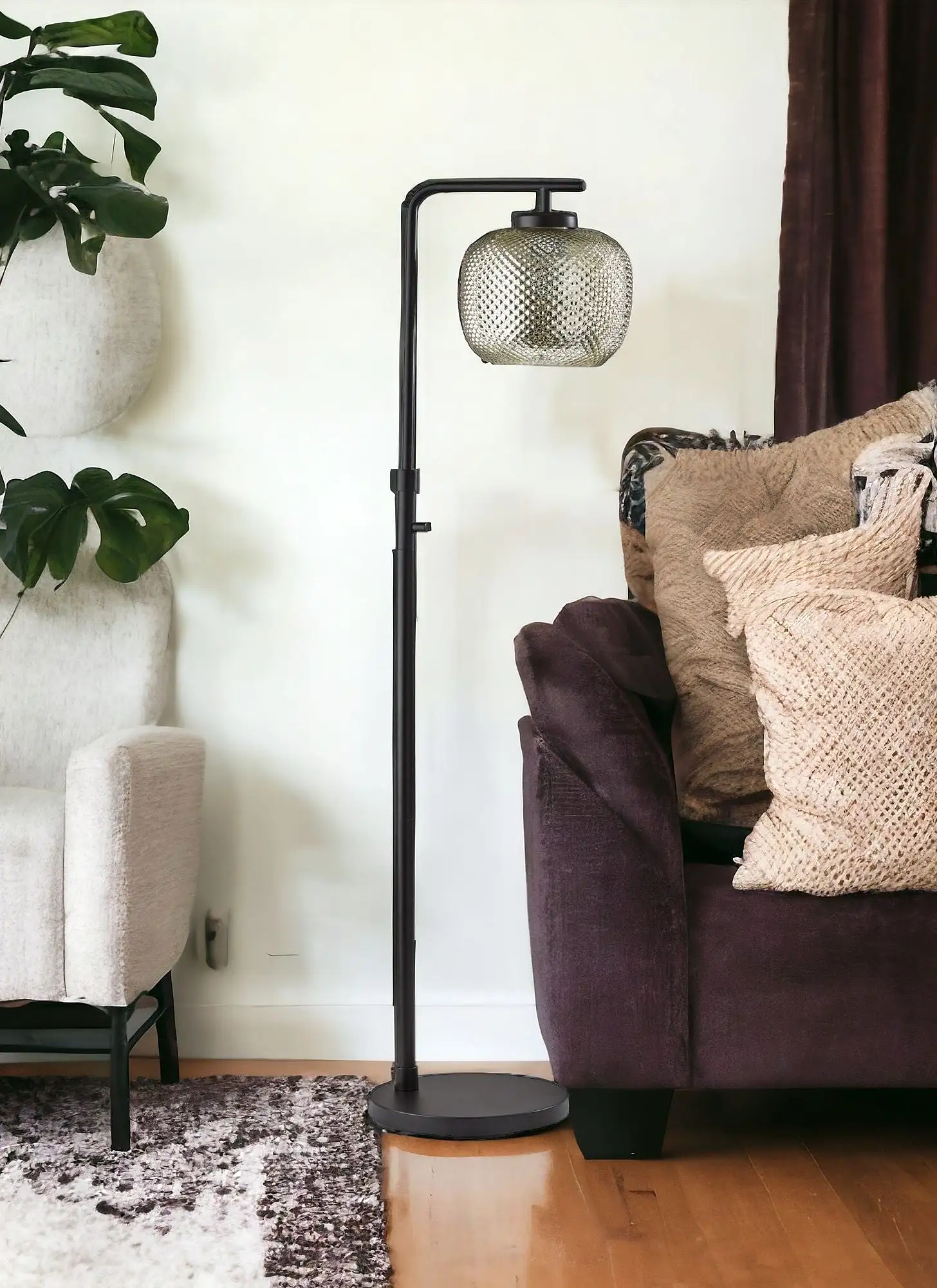 60 Antiqued Bronze Floor Lamp With Textured Mercury Glass Globe Shade