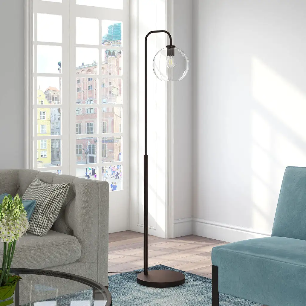 62 Black Arched Floor Lamp With Clear Transparent Glass Globe Shade