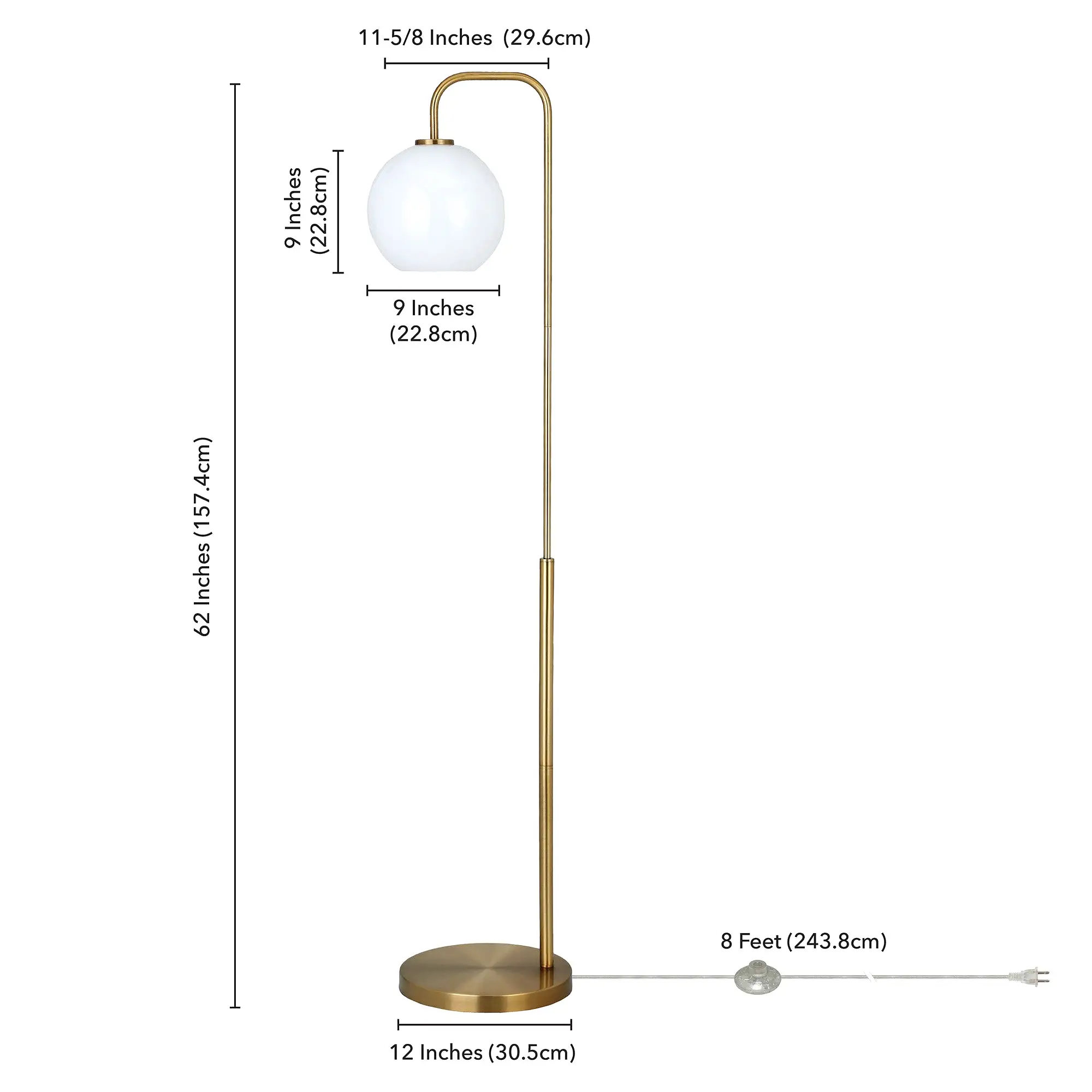 62 Brass Arched Floor Lamp With White Frosted Glass Globe Shade