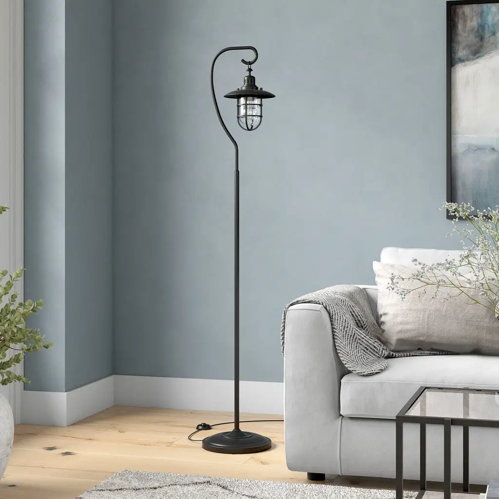 63 Black Arched Floor Lamp With Clear Transparent Glass Globe Shade