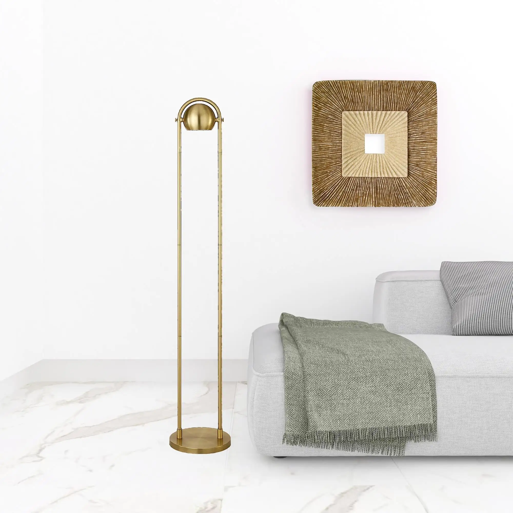 64 Brass Column Floor Lamp With Gold Globe Shade