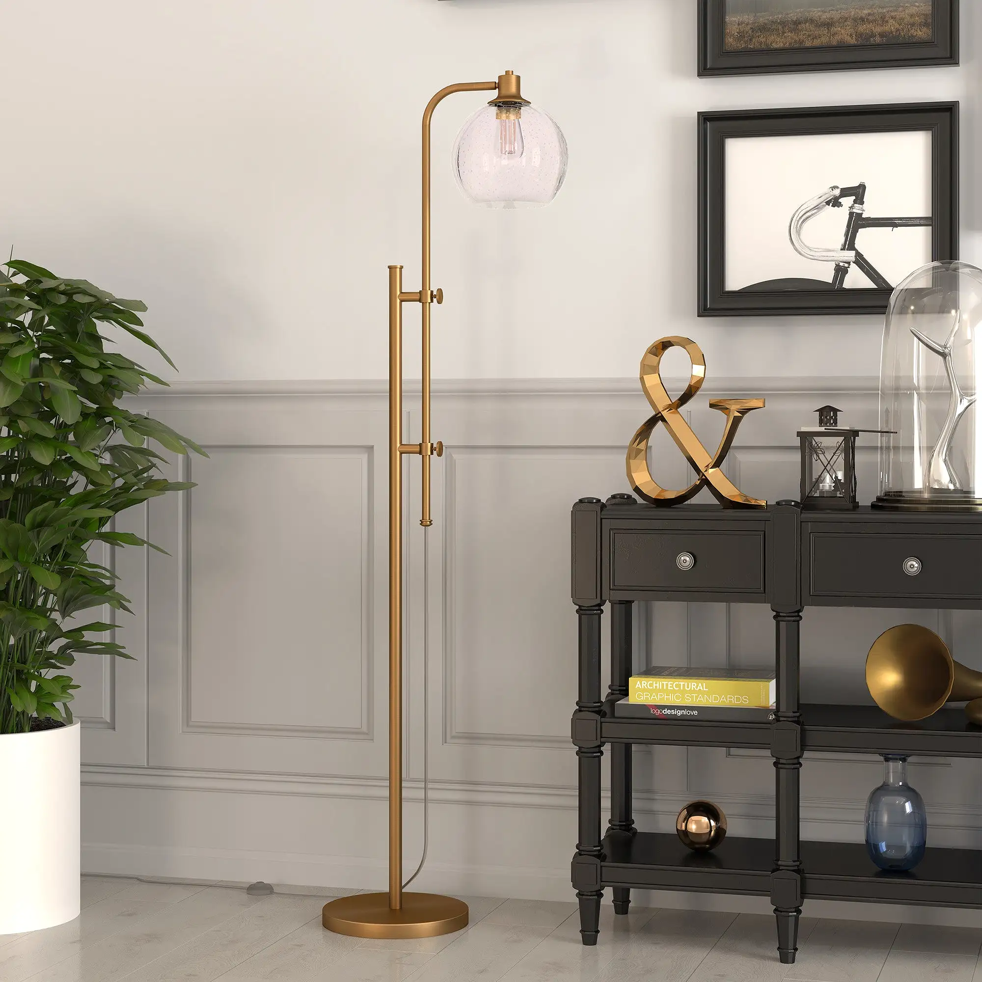 68 Brass Adjustable Reading Floor Lamp With Clear Seeded Glass Globe Shade