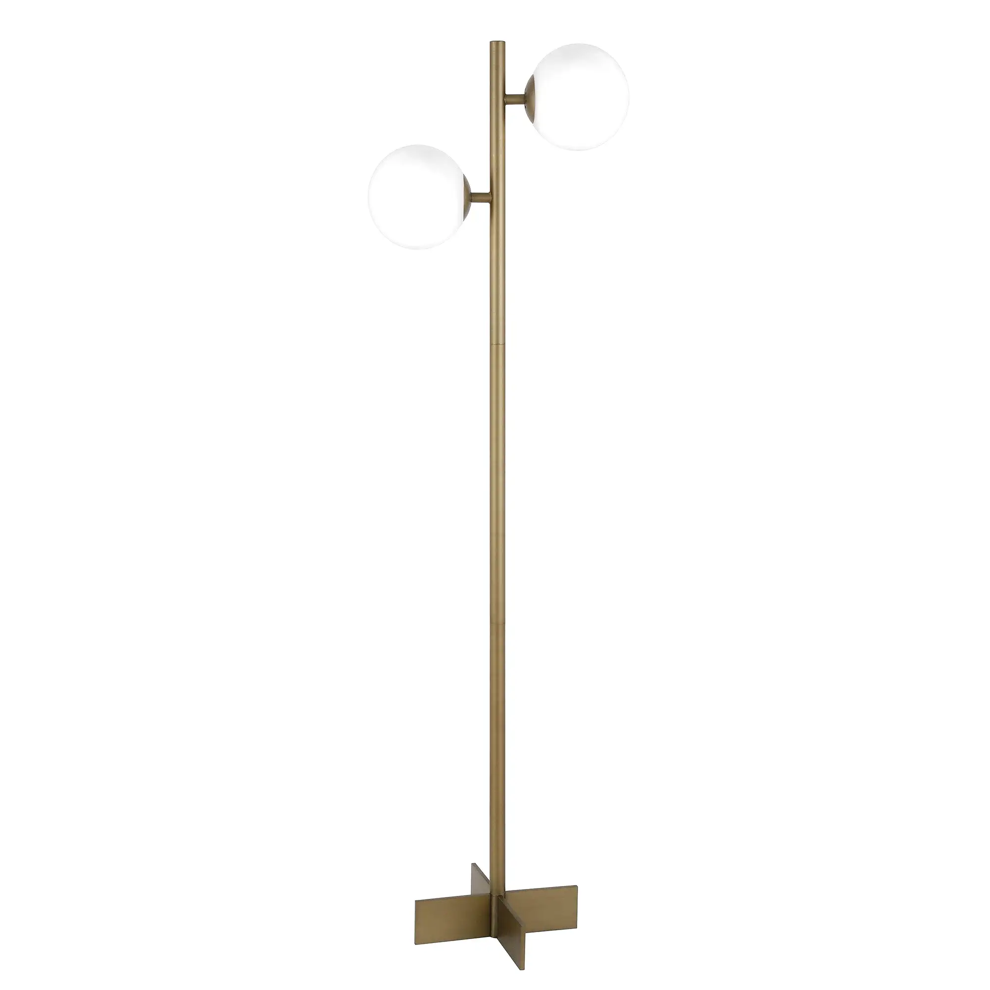 70 Brass Two Light Tree Floor Lamp With White Frosted Glass Globe Shade