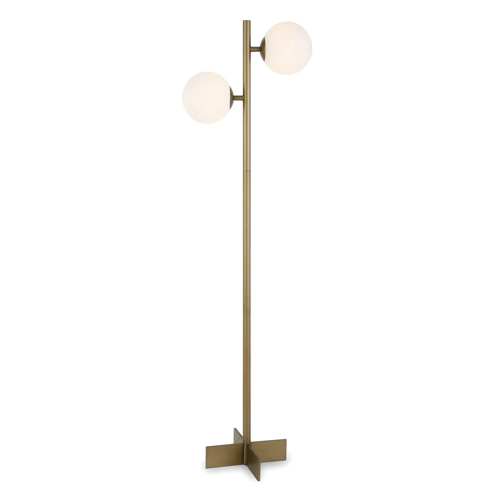 70 Brass Two Light Tree Floor Lamp With White Frosted Glass Globe Shade