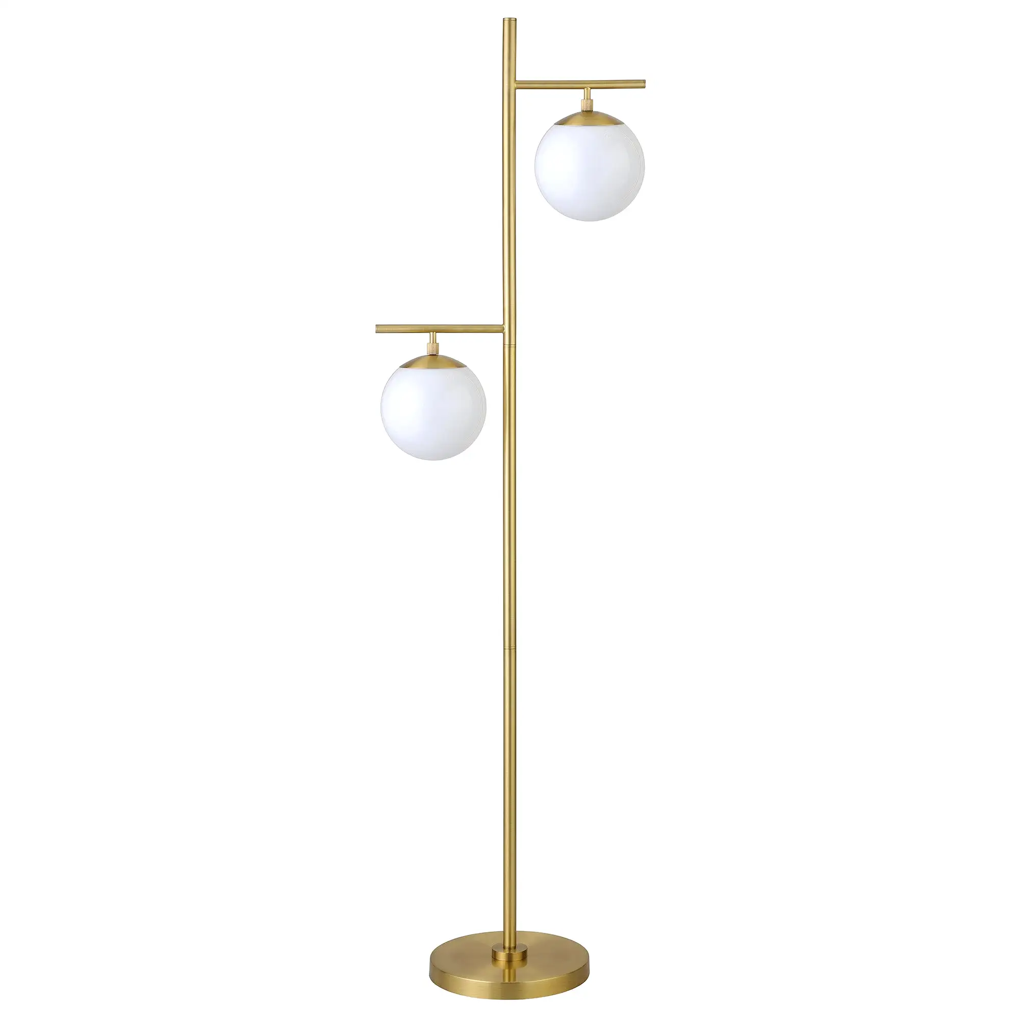 71 Brass Two Light Tree Floor Lamp With White Frosted Glass Globe Shade