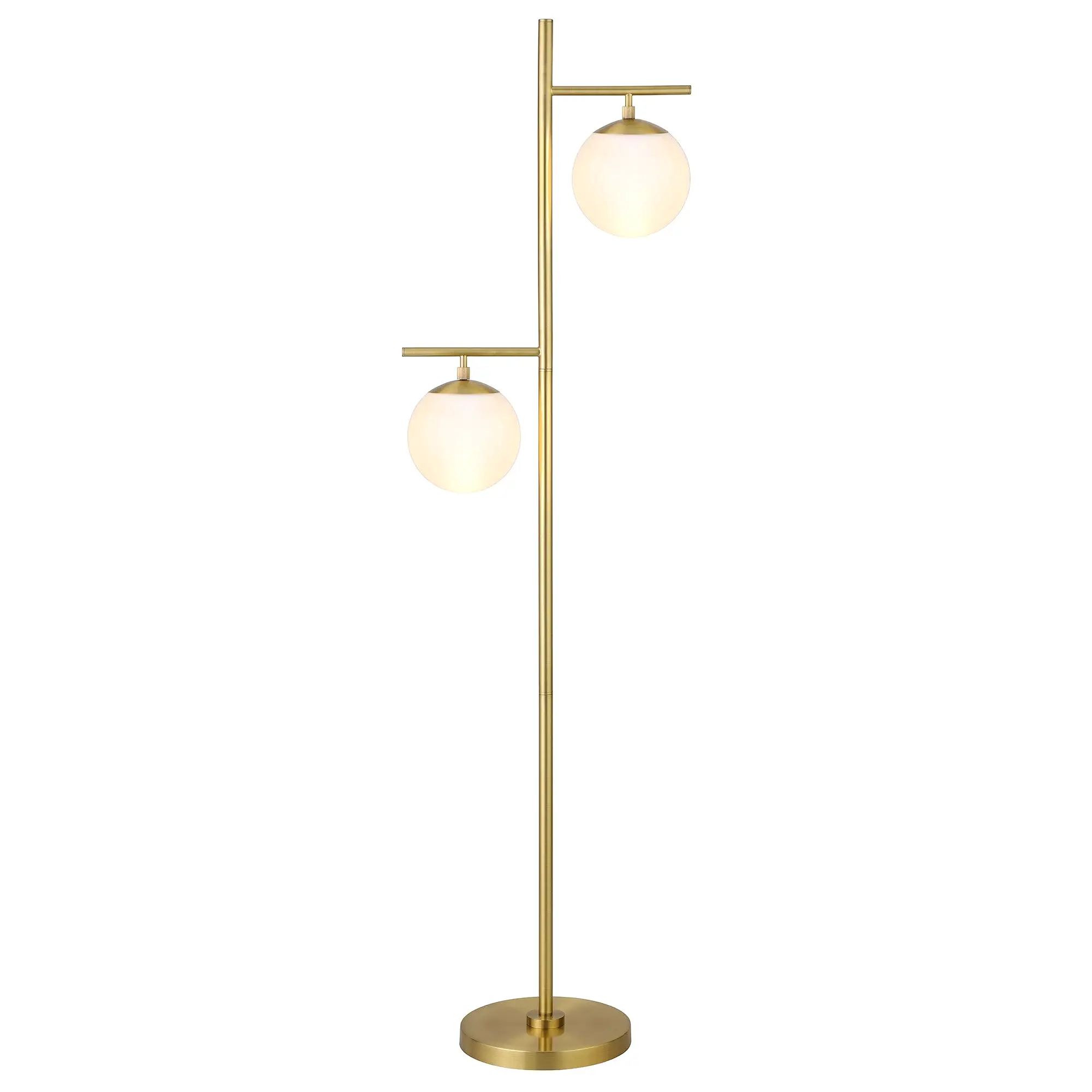 71 Brass Two Light Tree Floor Lamp With White Frosted Glass Globe Shade