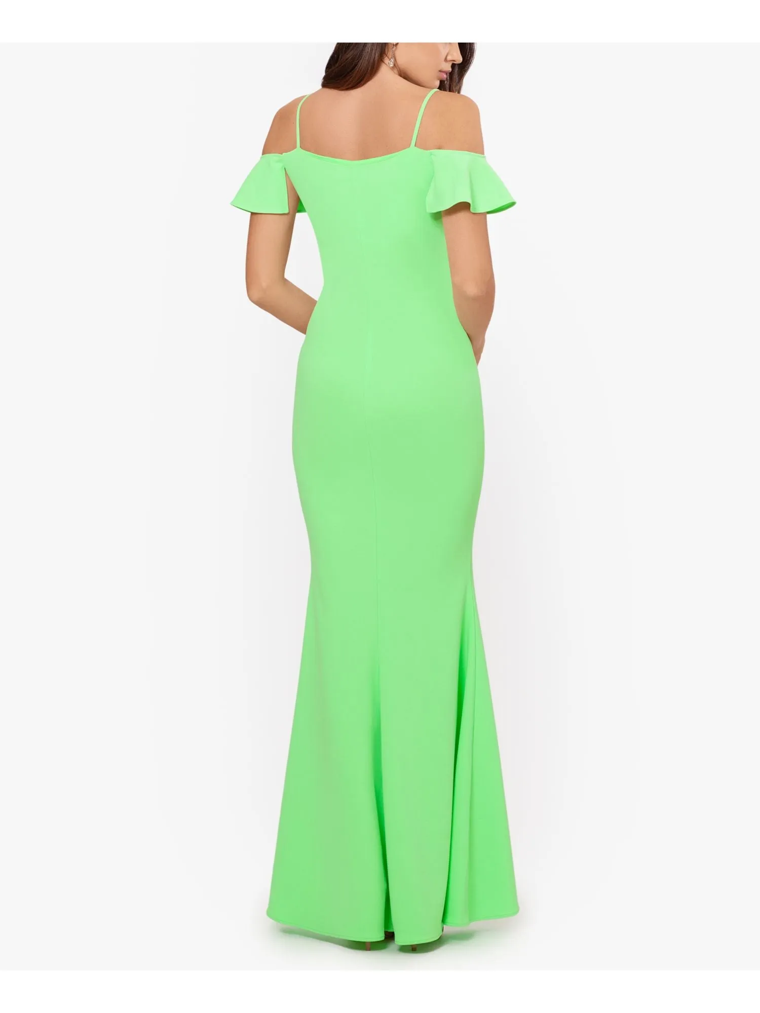 BETSY & ADAM Womens Stretch Ruffled Spaghetti Strap Off Shoulder Full-Length Formal Gown Dress