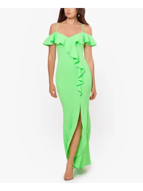 BETSY & ADAM Womens Stretch Ruffled Spaghetti Strap Off Shoulder Full-Length Formal Gown Dress