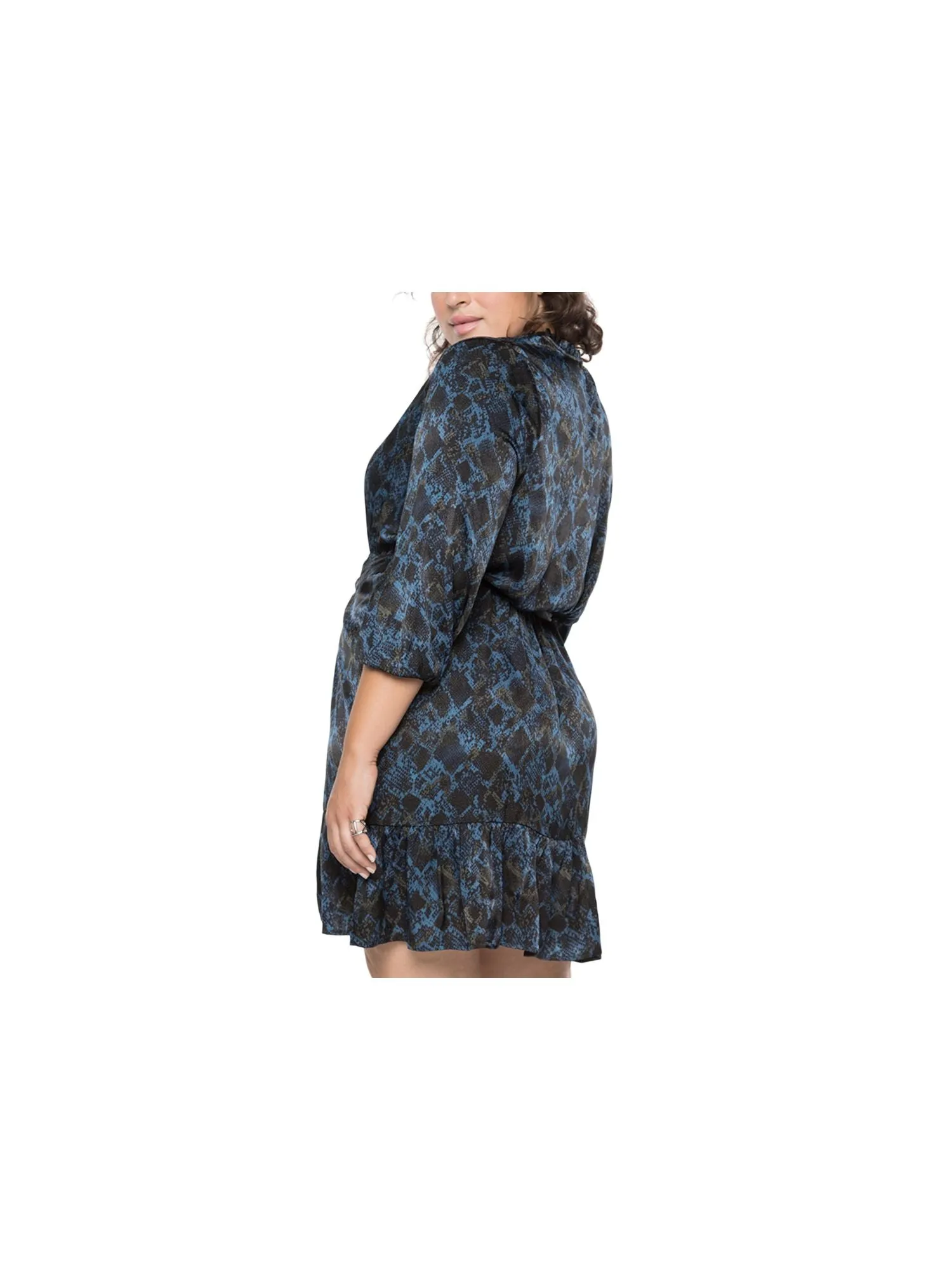 BLACK TAPE Womens Blue Ruffled Tie Unlined Elastic Waist Printed 3/4 Sleeve Split Knee Length Wear To Work Sheath Dress