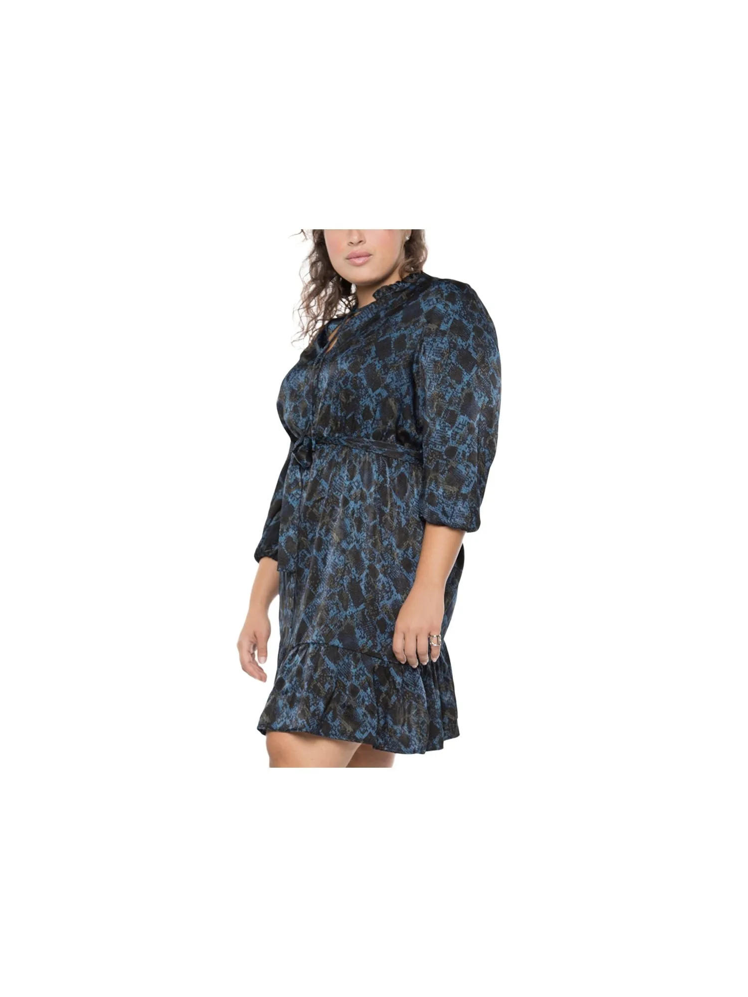 BLACK TAPE Womens Blue Ruffled Tie Unlined Elastic Waist Printed 3/4 Sleeve Split Knee Length Wear To Work Sheath Dress