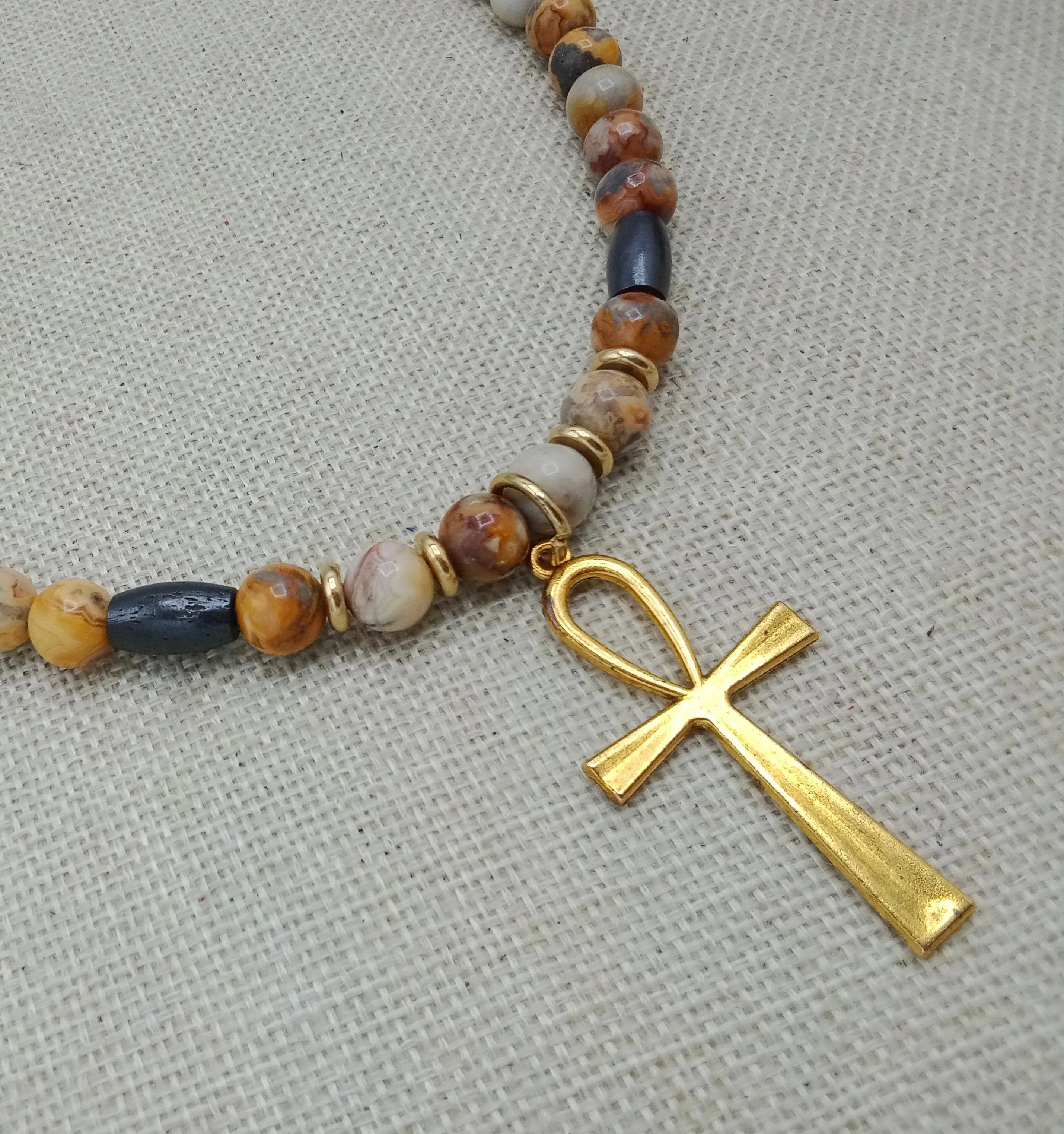 Egyptian Ankh Cross Stone Beaded Necklace Gold Handmade Jewelry Gift