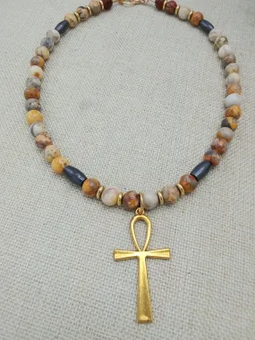 Egyptian Ankh Cross Stone Beaded Necklace Gold Handmade Jewelry Gift