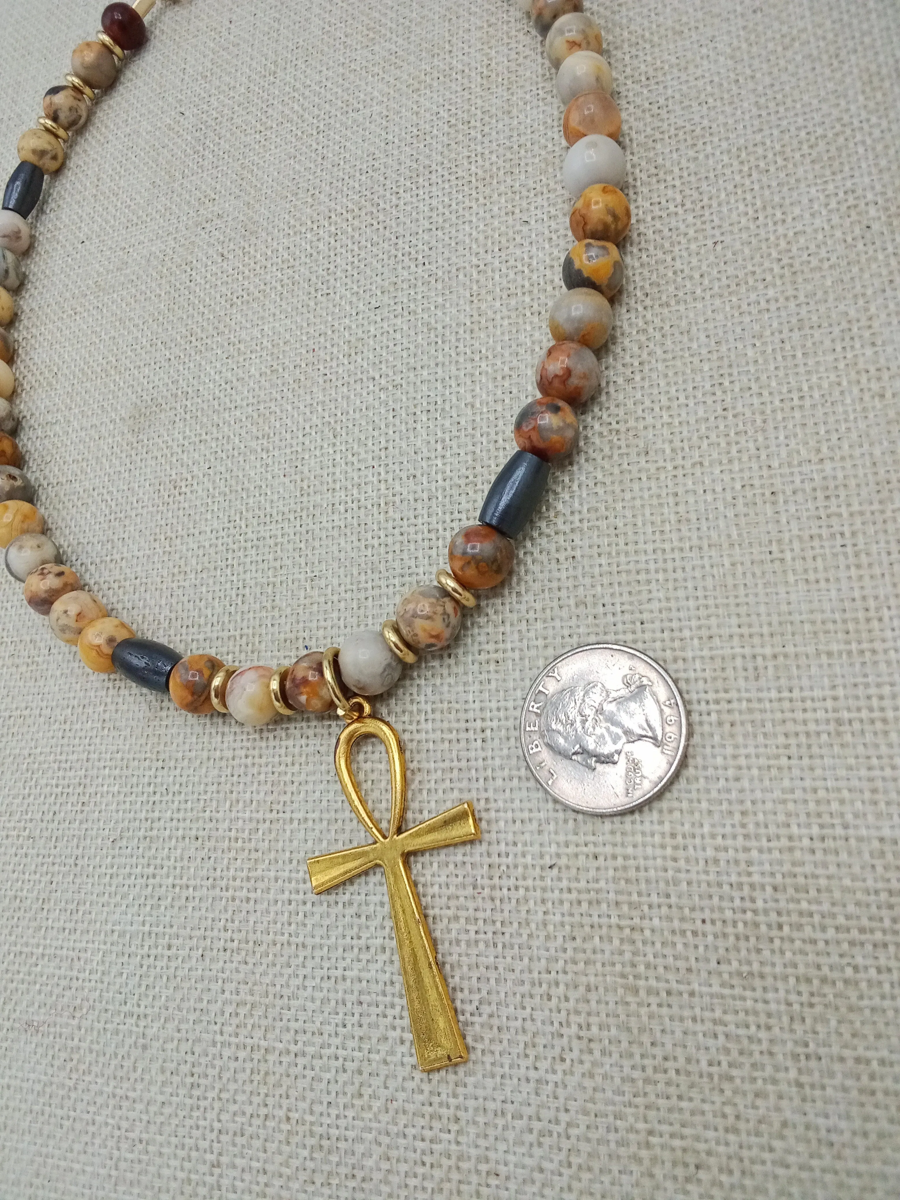 Egyptian Ankh Cross Stone Beaded Necklace Gold Handmade Jewelry Gift