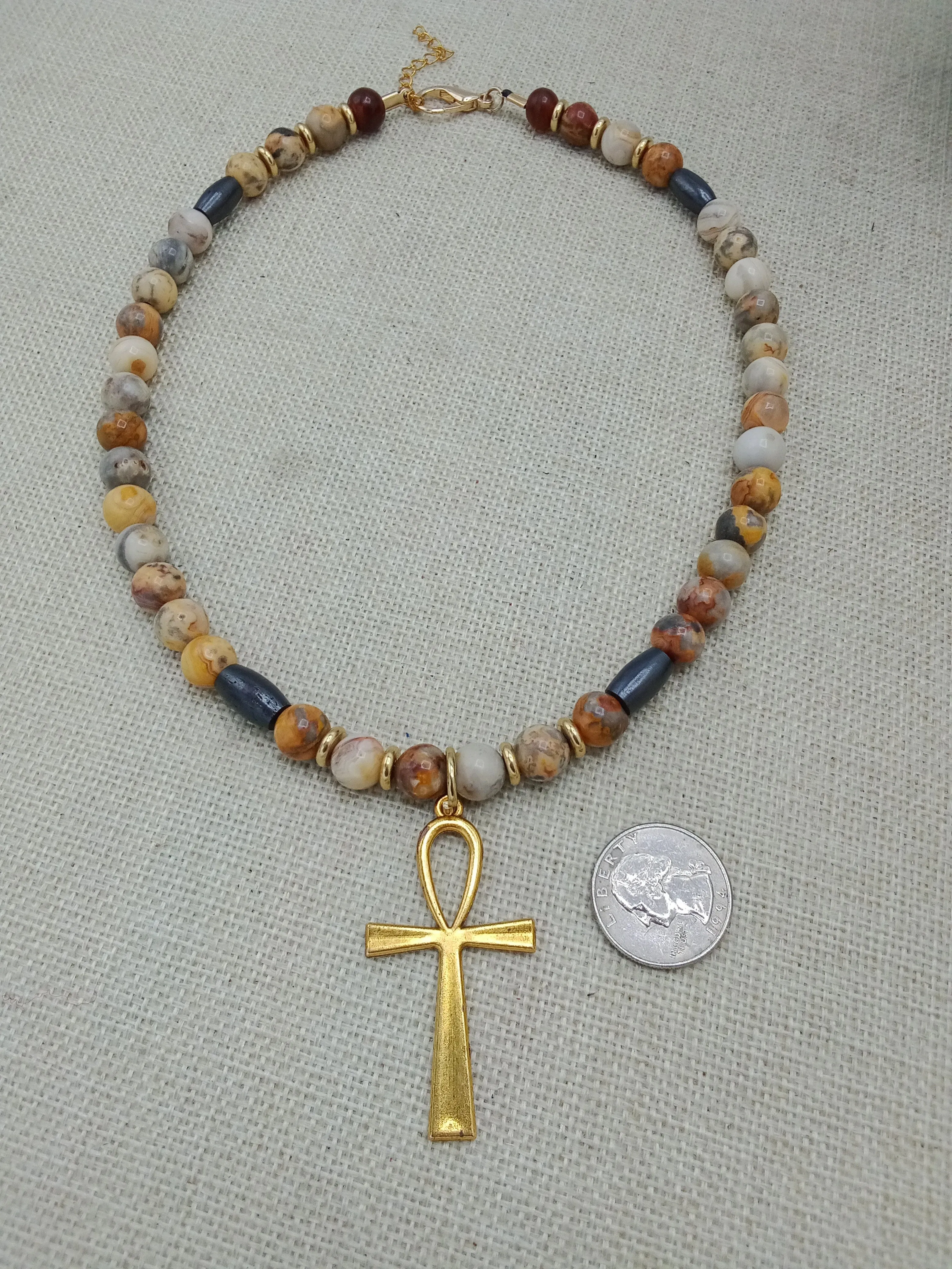 Egyptian Ankh Cross Stone Beaded Necklace Gold Handmade Jewelry Gift