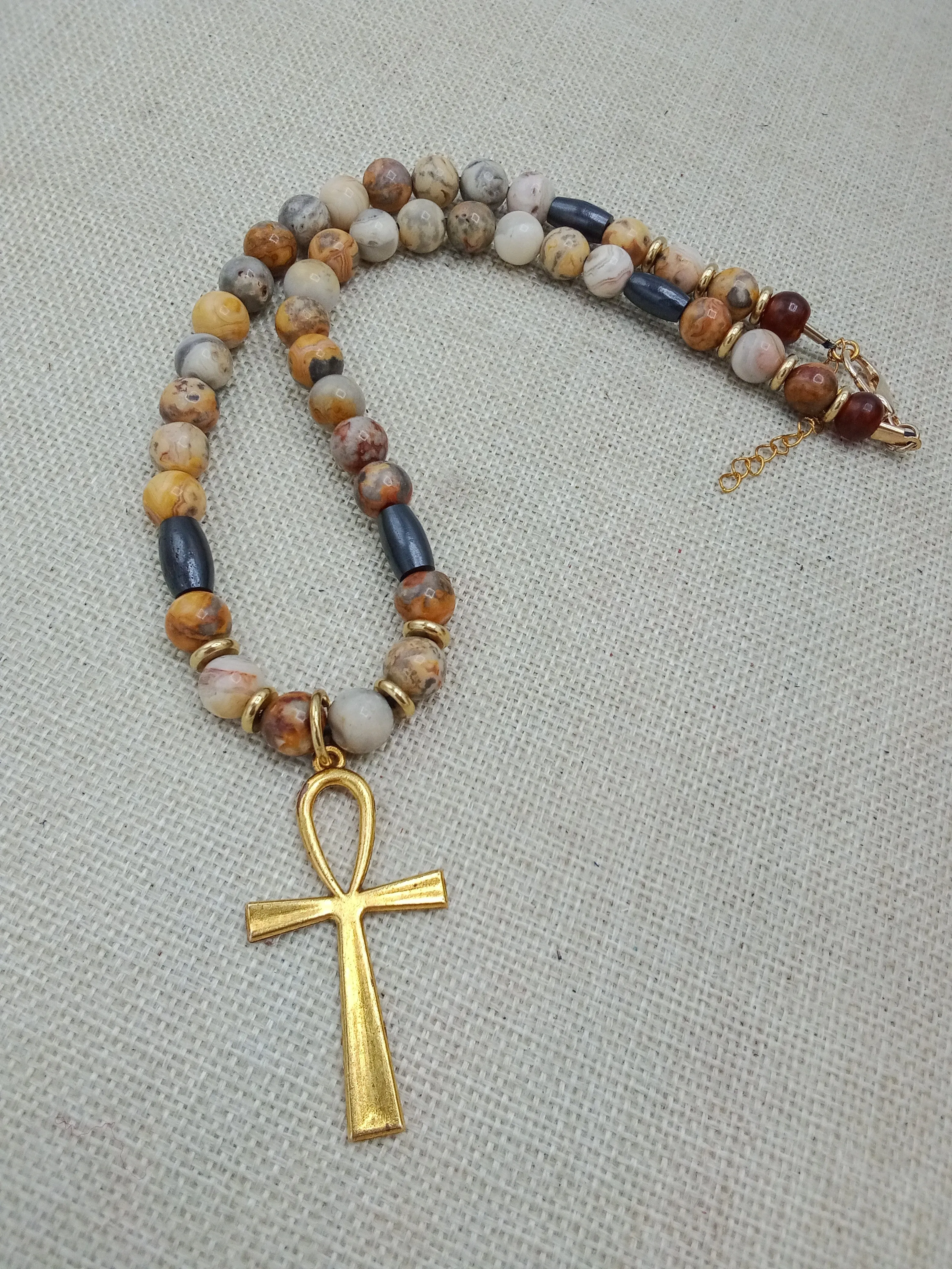 Egyptian Ankh Cross Stone Beaded Necklace Gold Handmade Jewelry Gift