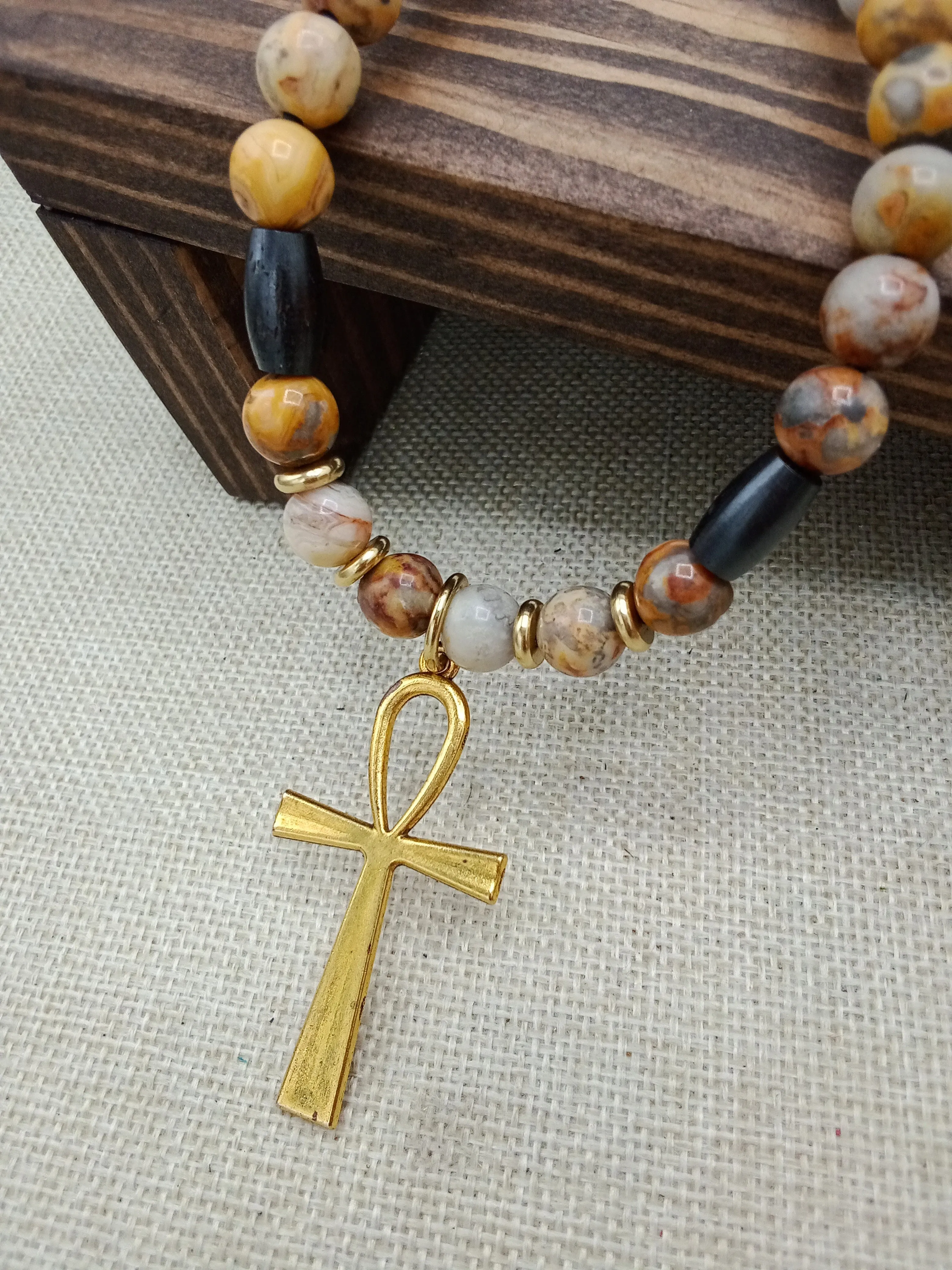 Egyptian Ankh Cross Stone Beaded Necklace Gold Handmade Jewelry Gift