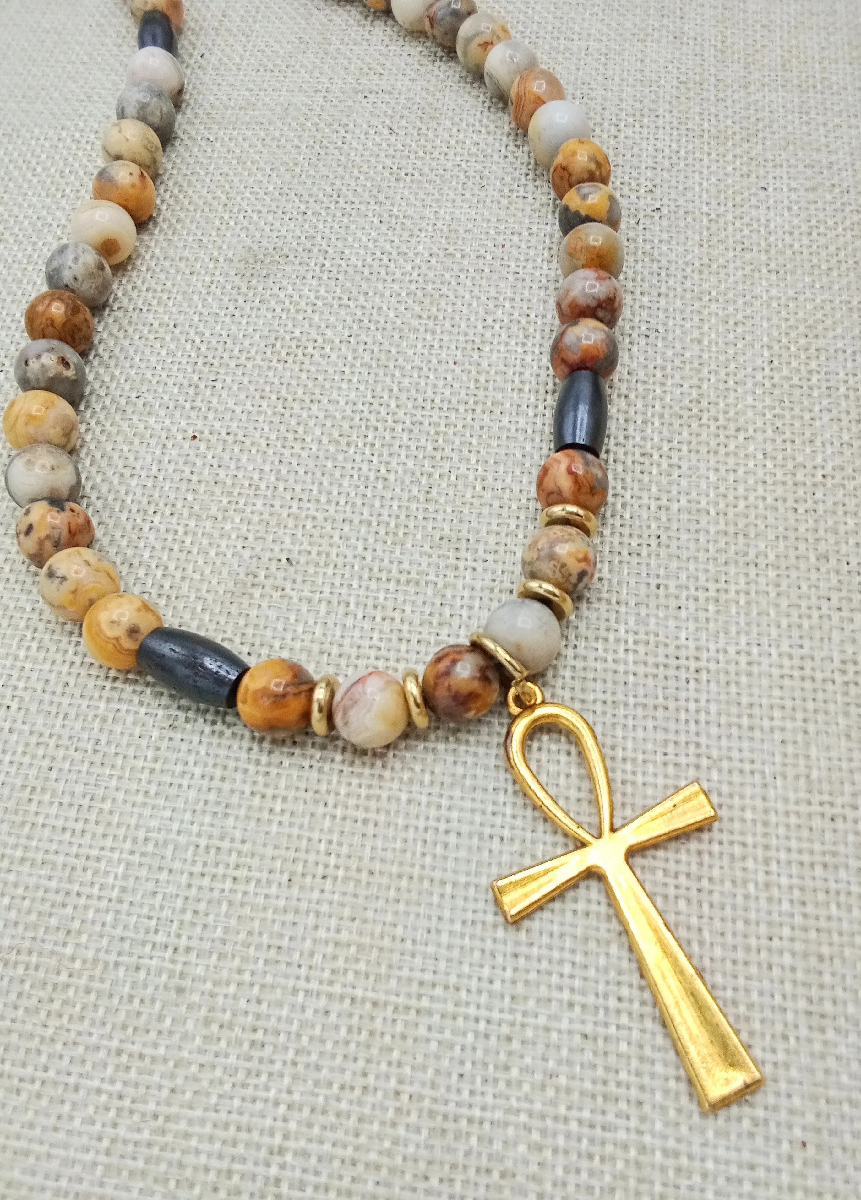 Egyptian Ankh Cross Stone Beaded Necklace Gold Handmade Jewelry Gift