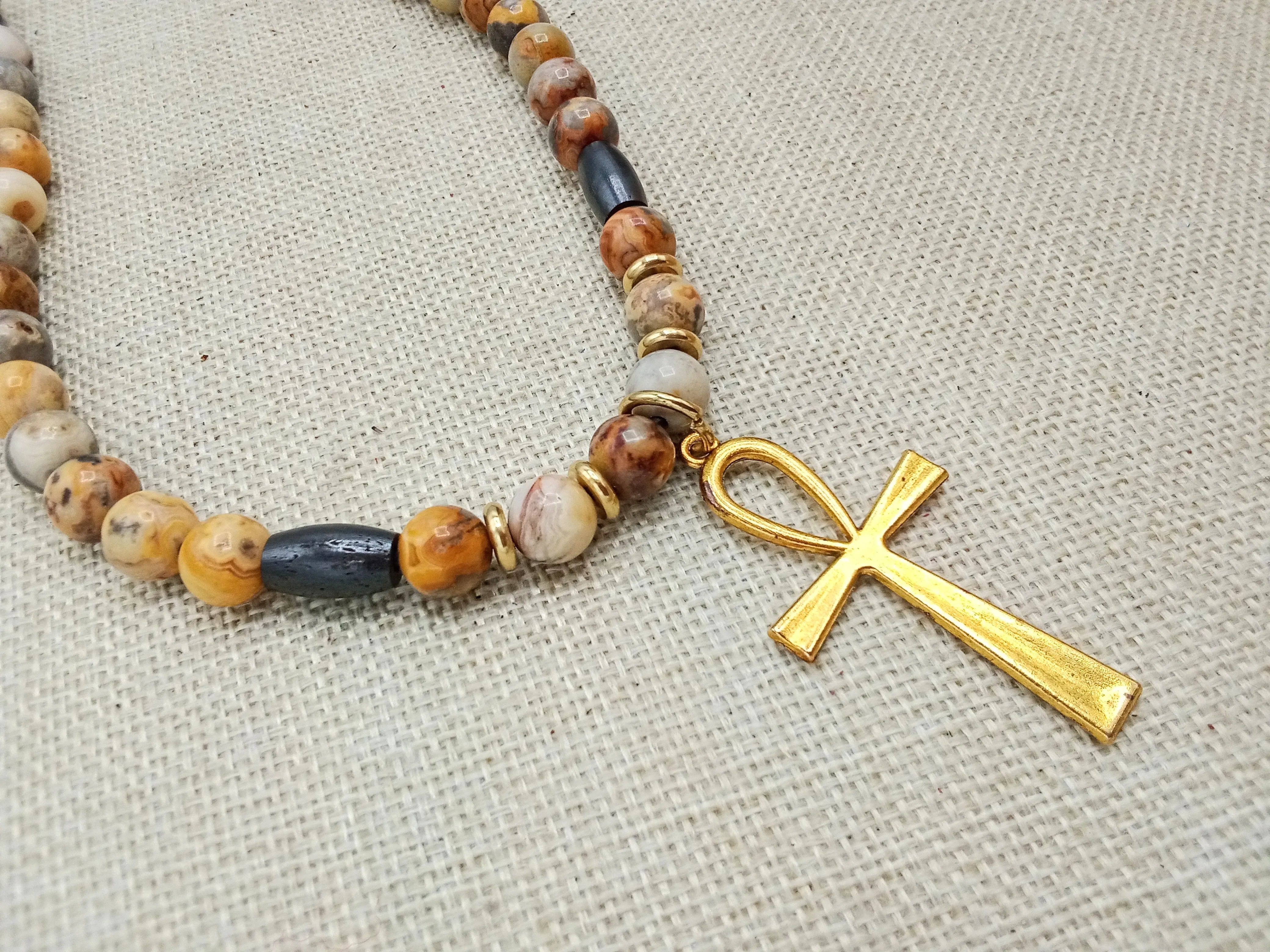 Egyptian Ankh Cross Stone Beaded Necklace Gold Handmade Jewelry Gift