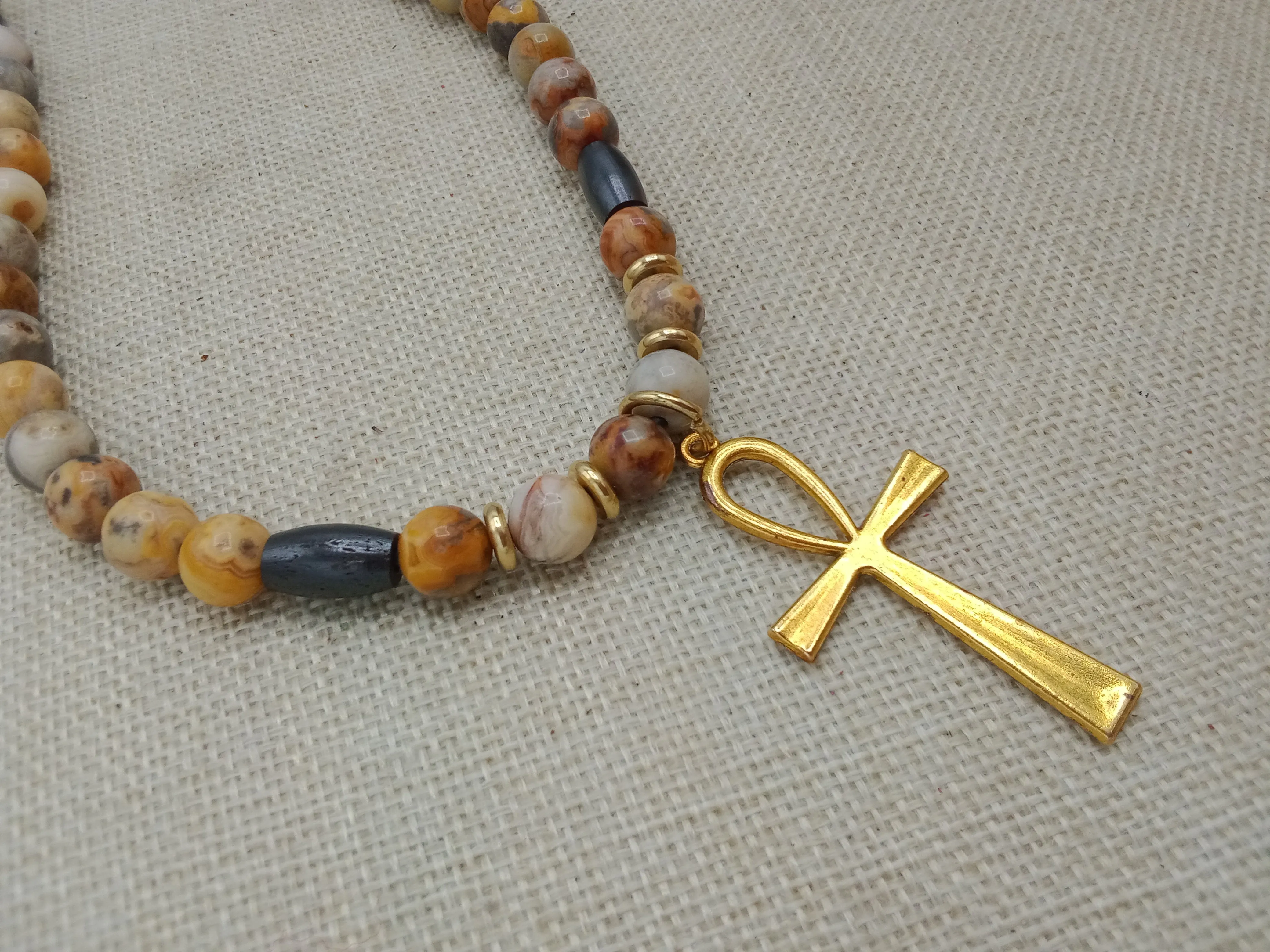 Egyptian Ankh Cross Stone Beaded Necklace Gold Handmade Jewelry Gift