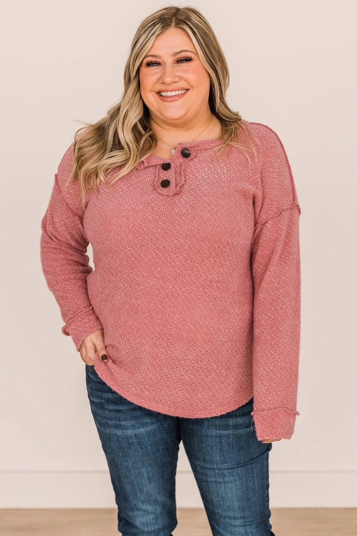 Enjoy The Moment Button Knit Top- Dusty Rose