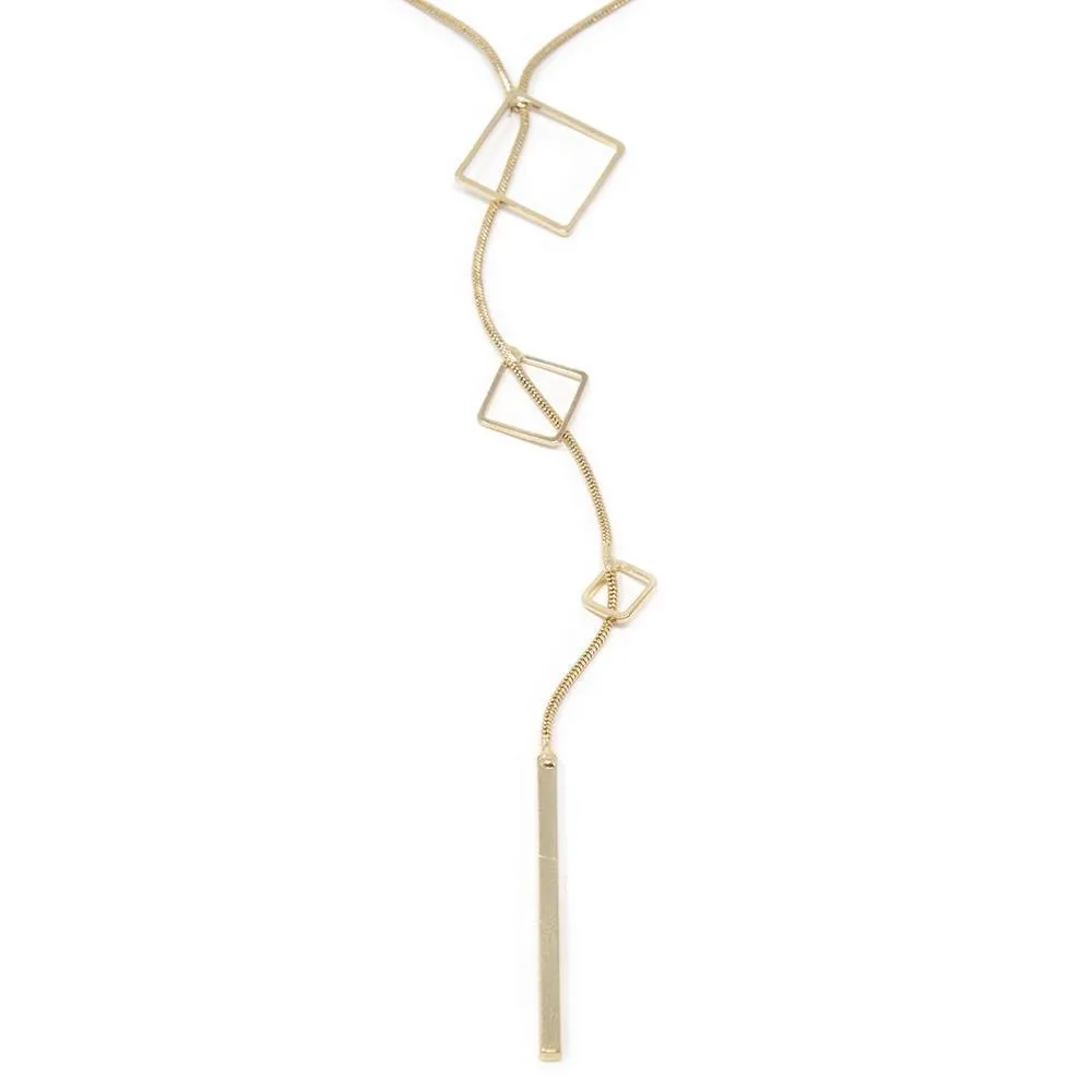 Lariat Long Necklace Three Open Square Gold Tone