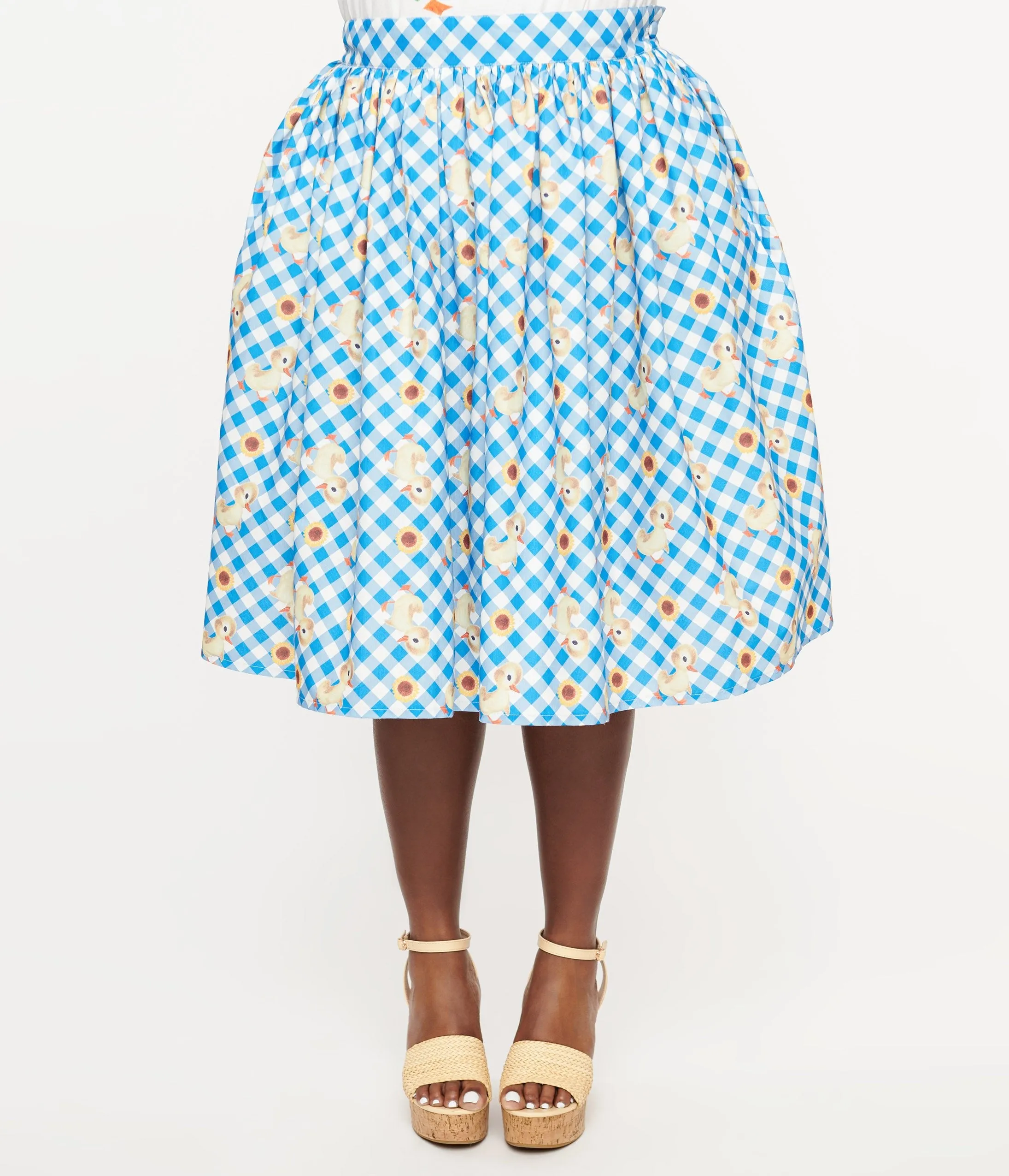 Little Golden Books x Unique Vintage Plus Size Blue & White Gingham Fuzzy Duckling Gellar Swing Skirt