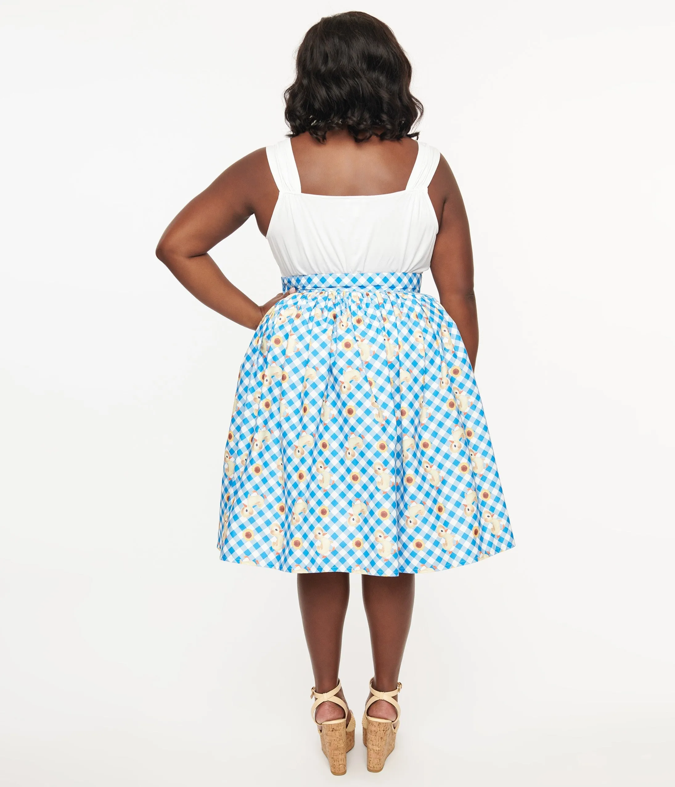 Little Golden Books x Unique Vintage Plus Size Blue & White Gingham Fuzzy Duckling Gellar Swing Skirt