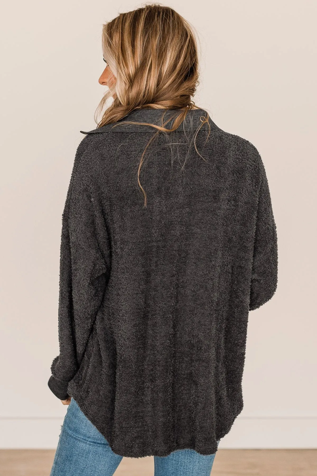 Living For Style Fuzzy Knit Button Top- Dark Charcoal