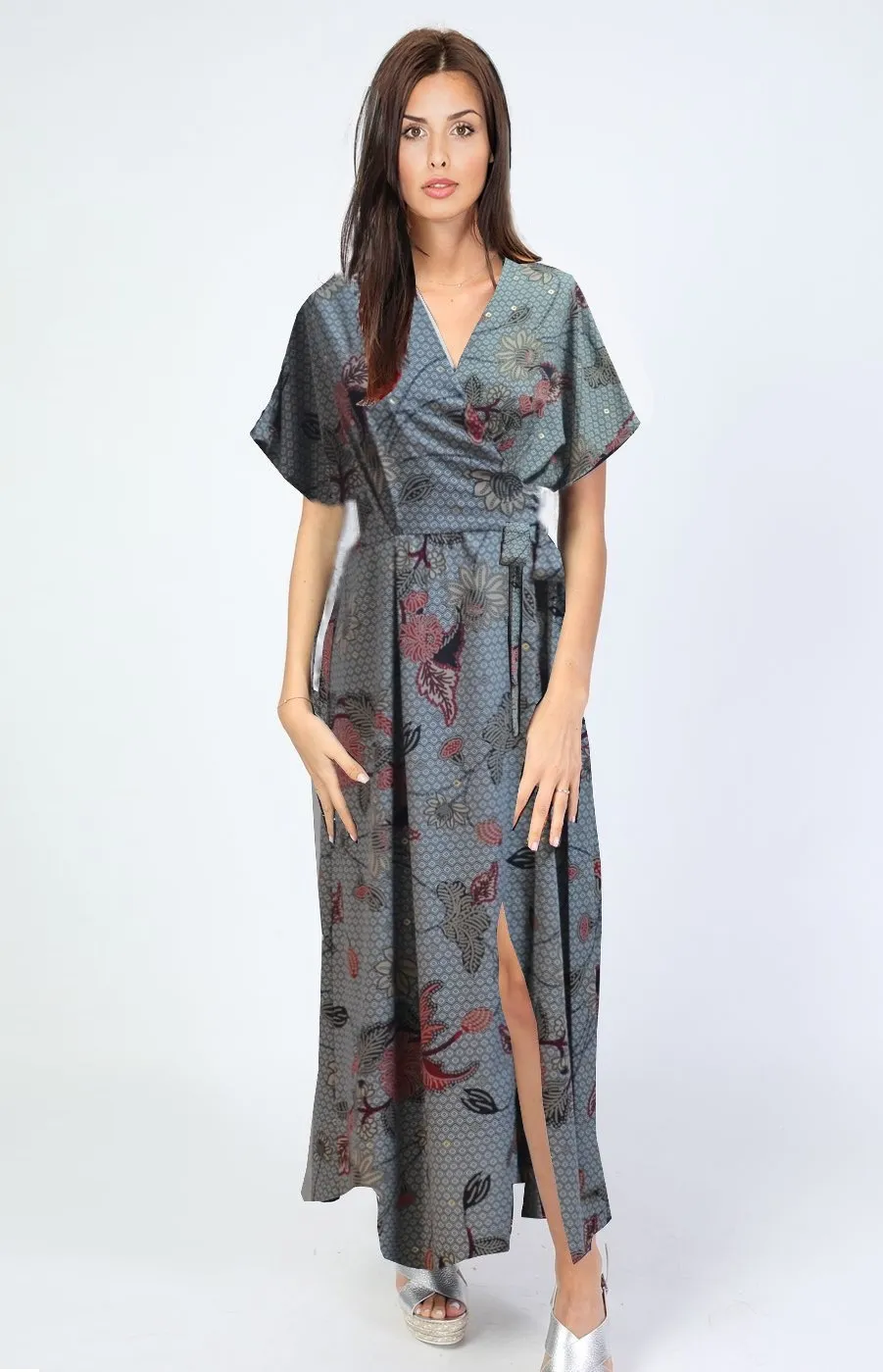 Long grey printed wrap dress