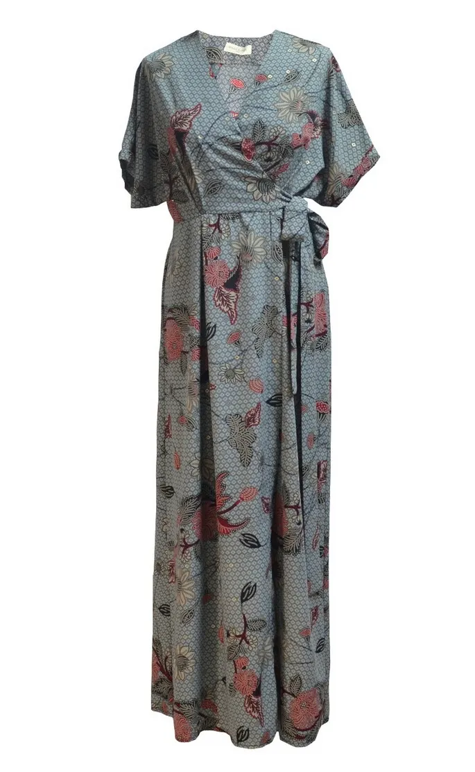 Long grey printed wrap dress