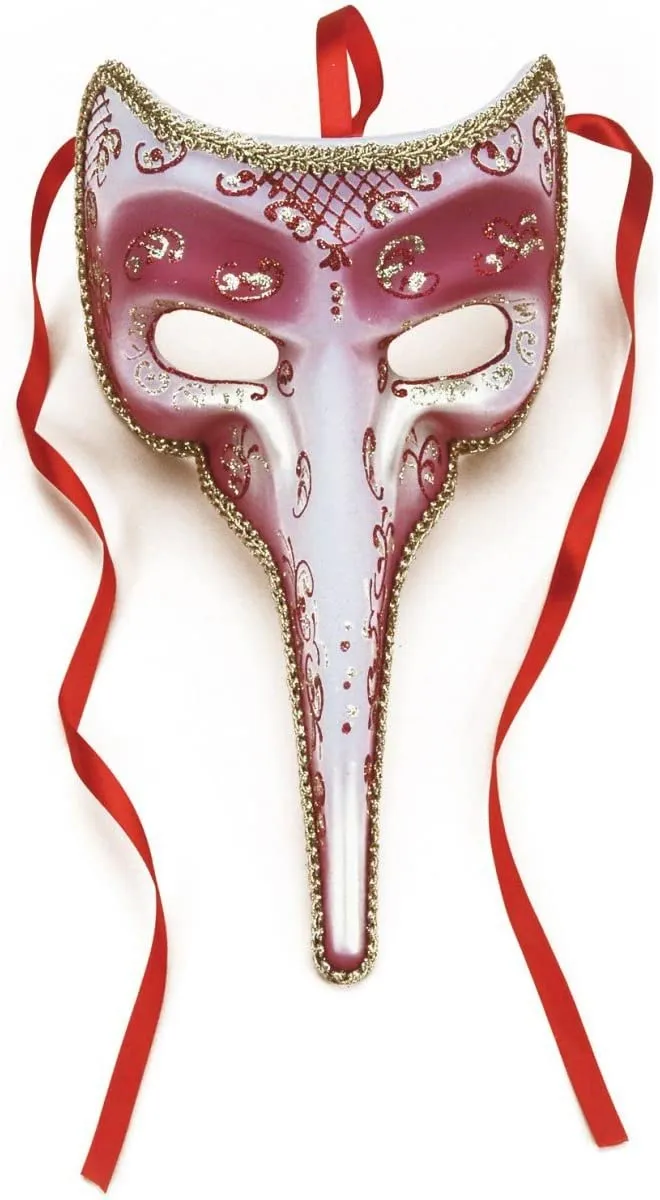 Masquerade Venetian 9 Long Nose Half Mask, Red w/Gold Accents