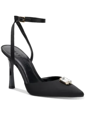 MATEO BY INC Womens Black Ankle Strap Gem Accent Victoria Pointed Toe Stiletto Buckle Slingback M