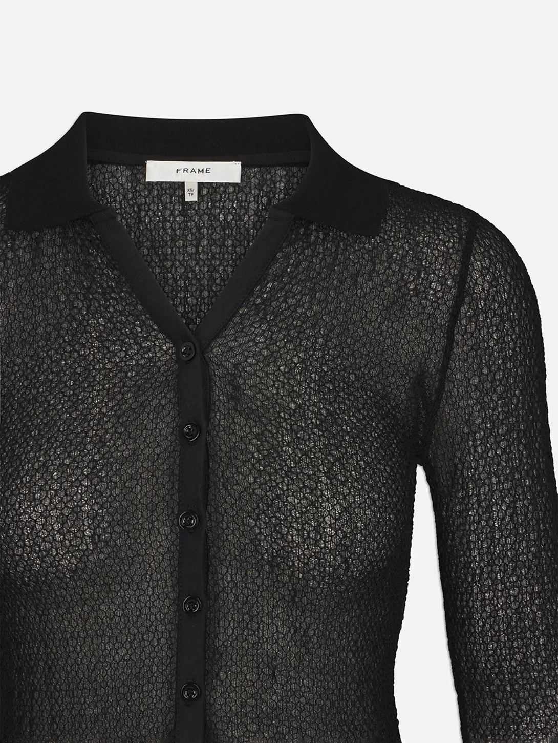 Mesh Lace Long Sleeve Polo -  Black