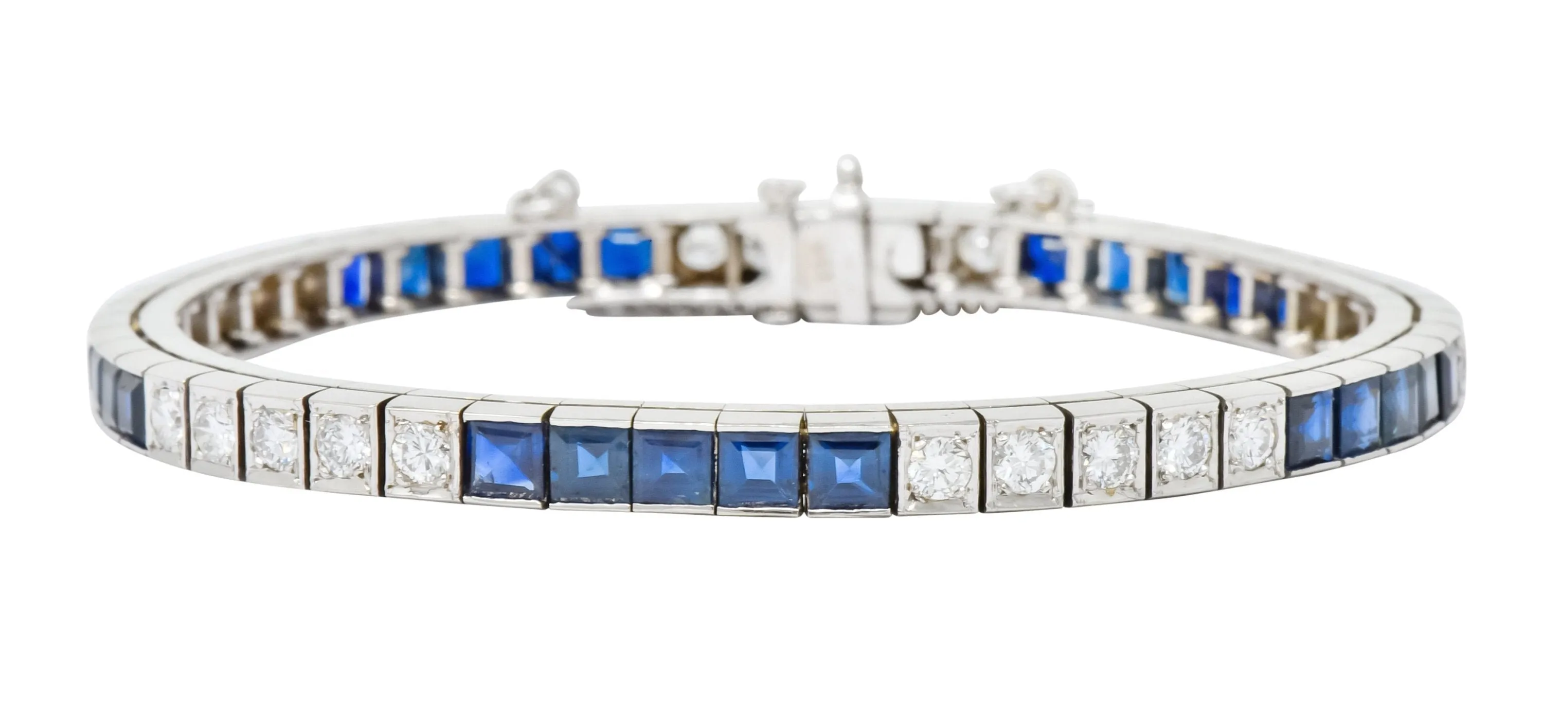 Mid-Century 7.00 CTW Diamond Sapphire 14 Karat White Gold Line Bracelet Circa 1950s