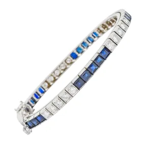 Mid-Century 7.00 CTW Diamond Sapphire 14 Karat White Gold Line Bracelet Circa 1950s