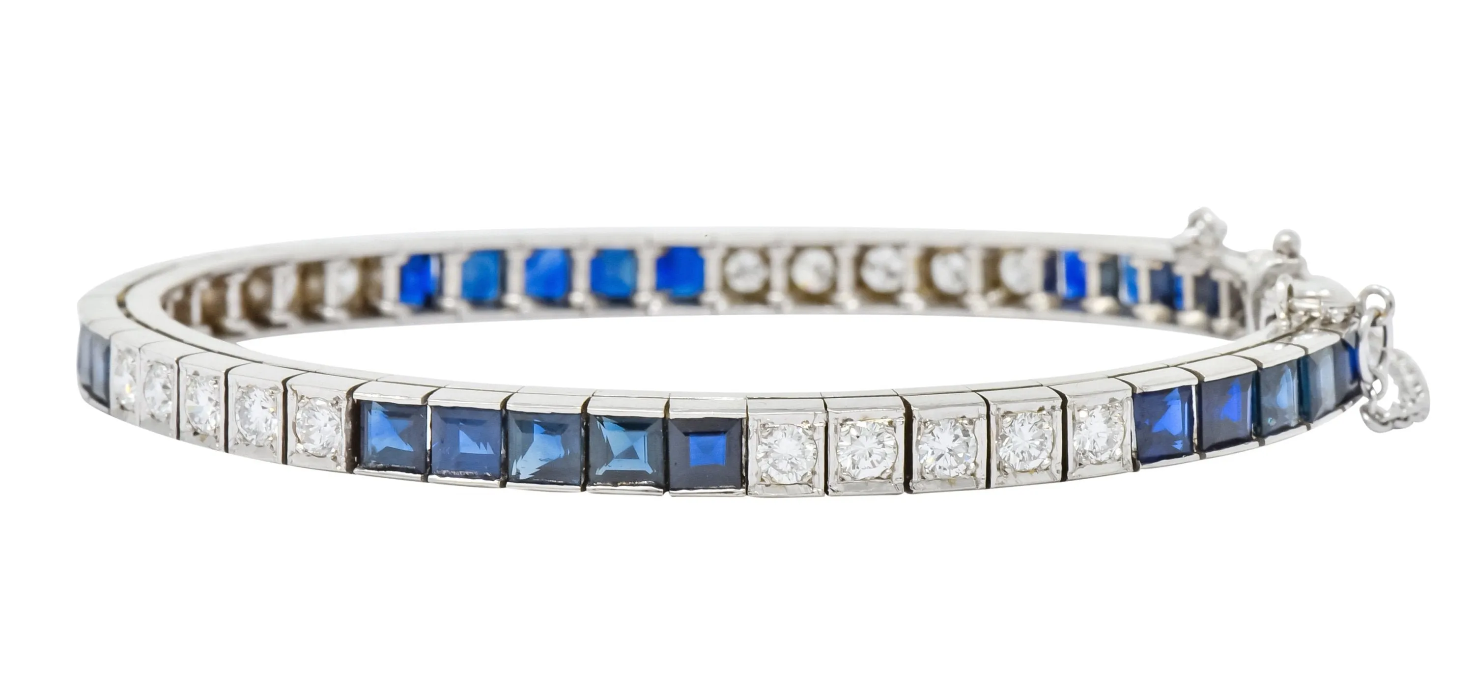 Mid-Century 7.00 CTW Diamond Sapphire 14 Karat White Gold Line Bracelet Circa 1950s