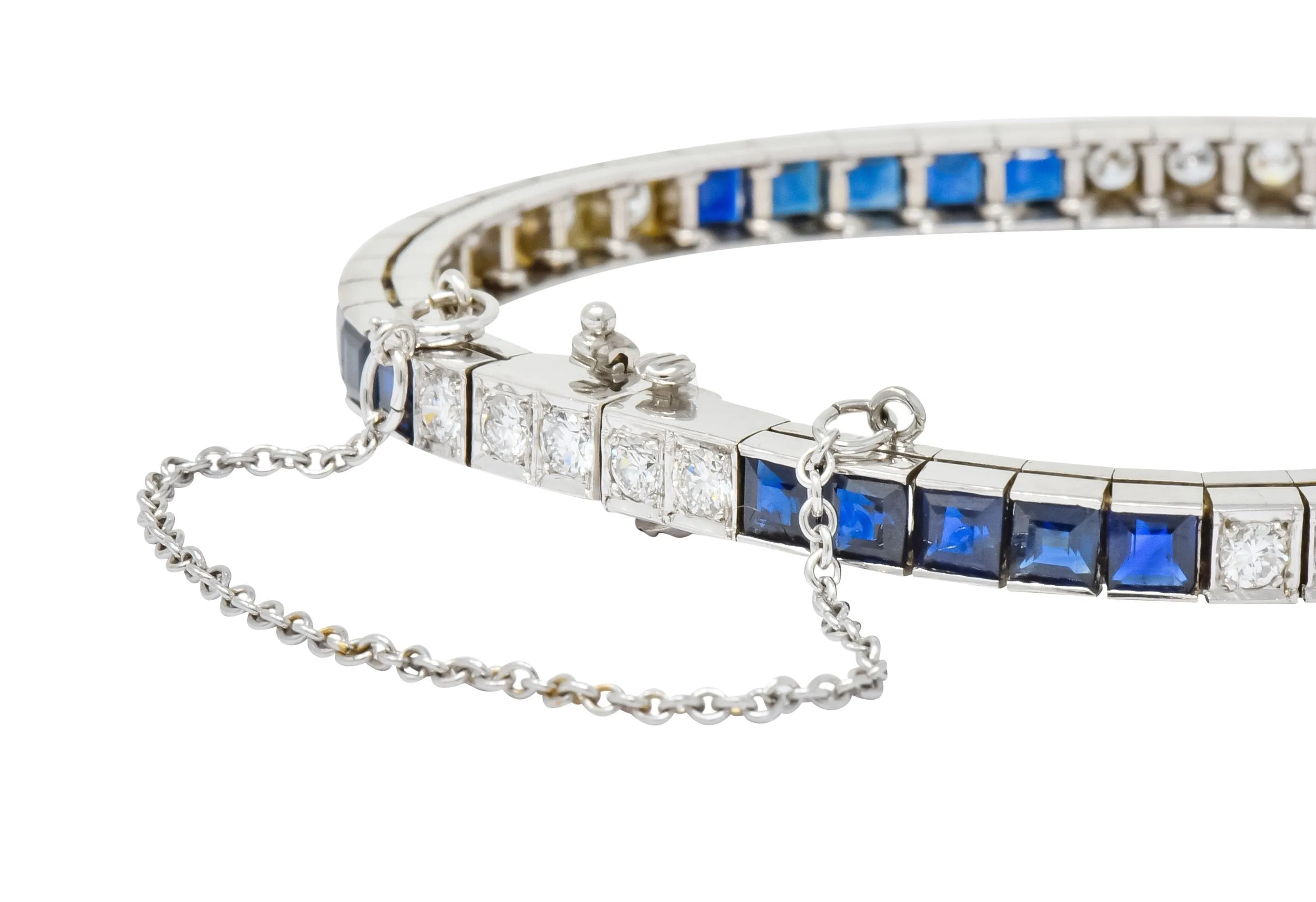 Mid-Century 7.00 CTW Diamond Sapphire 14 Karat White Gold Line Bracelet Circa 1950s