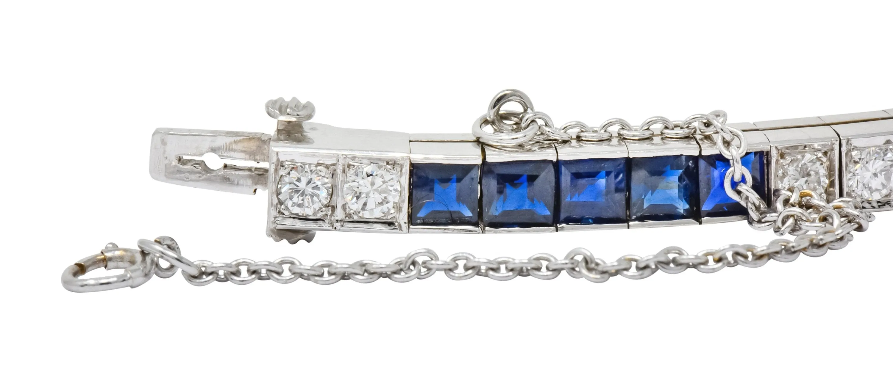 Mid-Century 7.00 CTW Diamond Sapphire 14 Karat White Gold Line Bracelet Circa 1950s