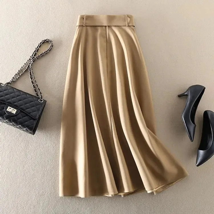 Mid Length Solid Color High Waisted Slim Large Swing Skirt Women