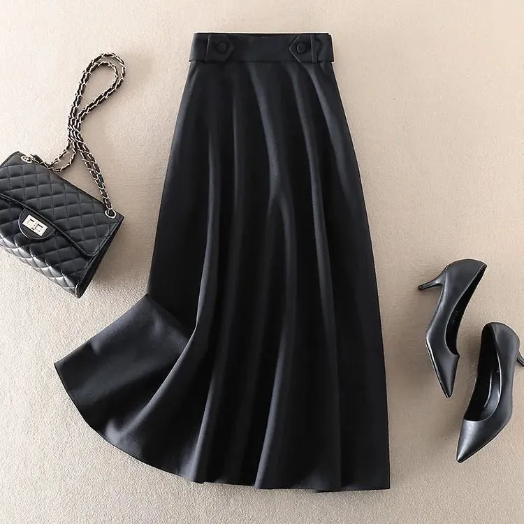 Mid Length Solid Color High Waisted Slim Large Swing Skirt Women