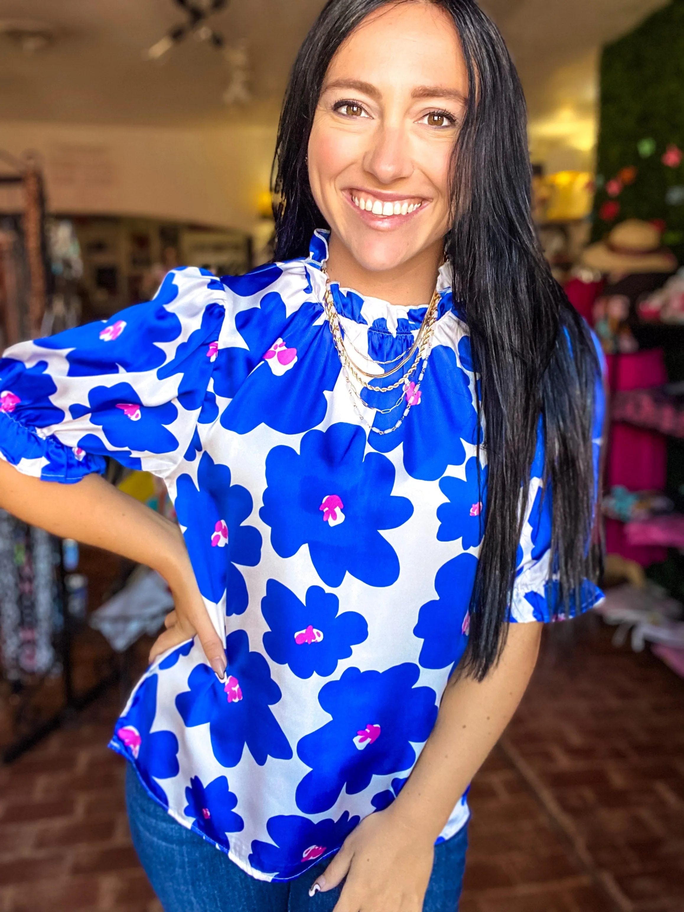 Monte Floral Puff Sleeve Top- Cobalt