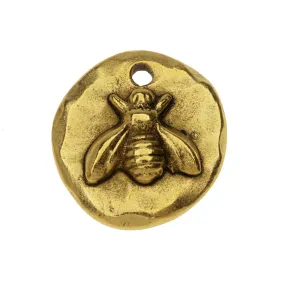 Nunn Design Charm, Organic Round with Bee 18mm, Antiqued Gold Plated (1 Piece)