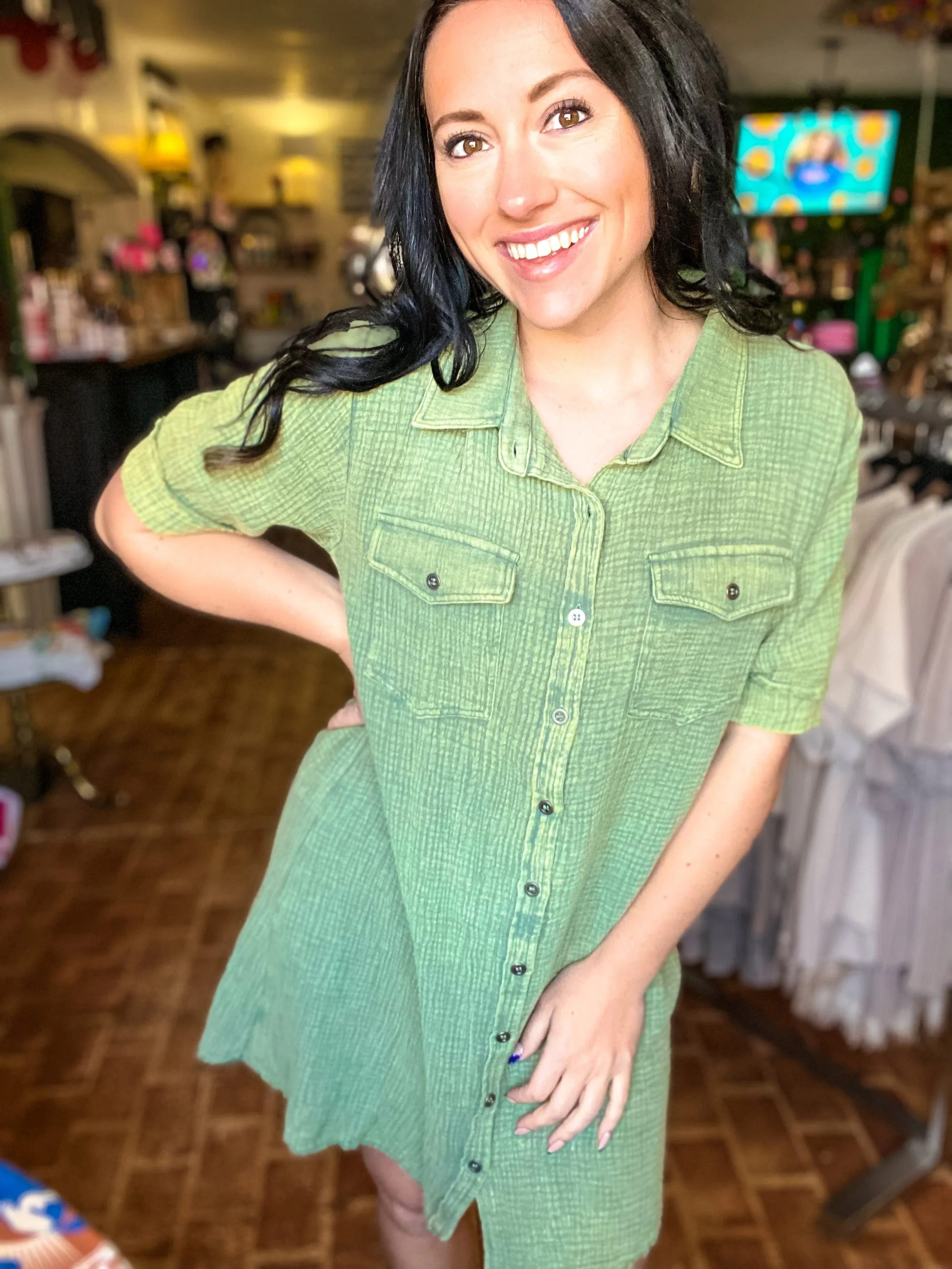 Olive Gauze Shirtdress