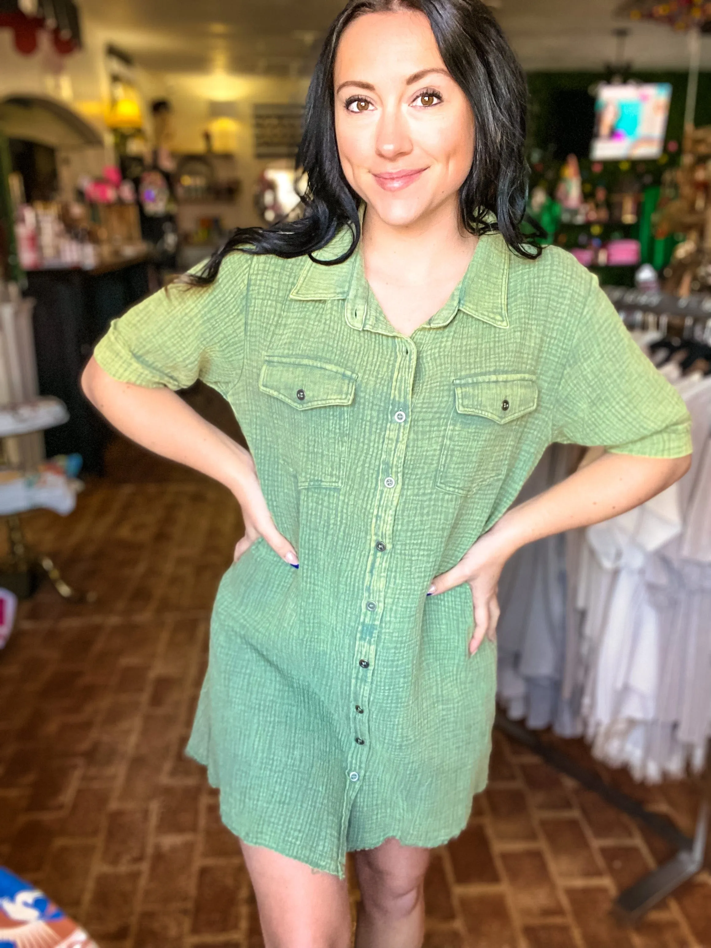 Olive Gauze Shirtdress